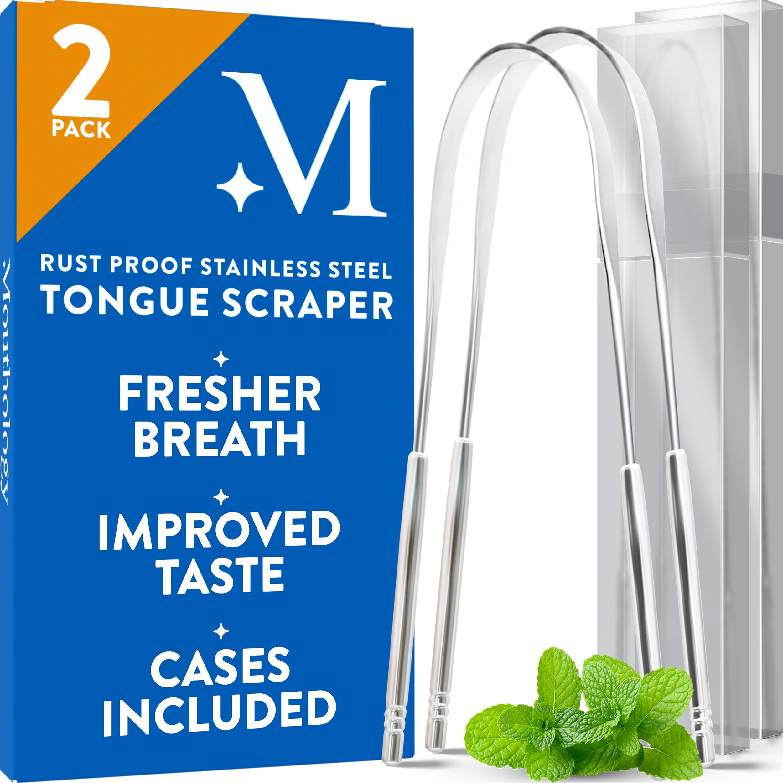 Mouthology Tongue Scraper (2 Pack), Reduce Bad Breath (Travel Cases Included), Stainless Steel Tongue Cleaners, Metal Tongue Scraper, Tongue Scraper for Adults - Fresher Breath in Seconds
