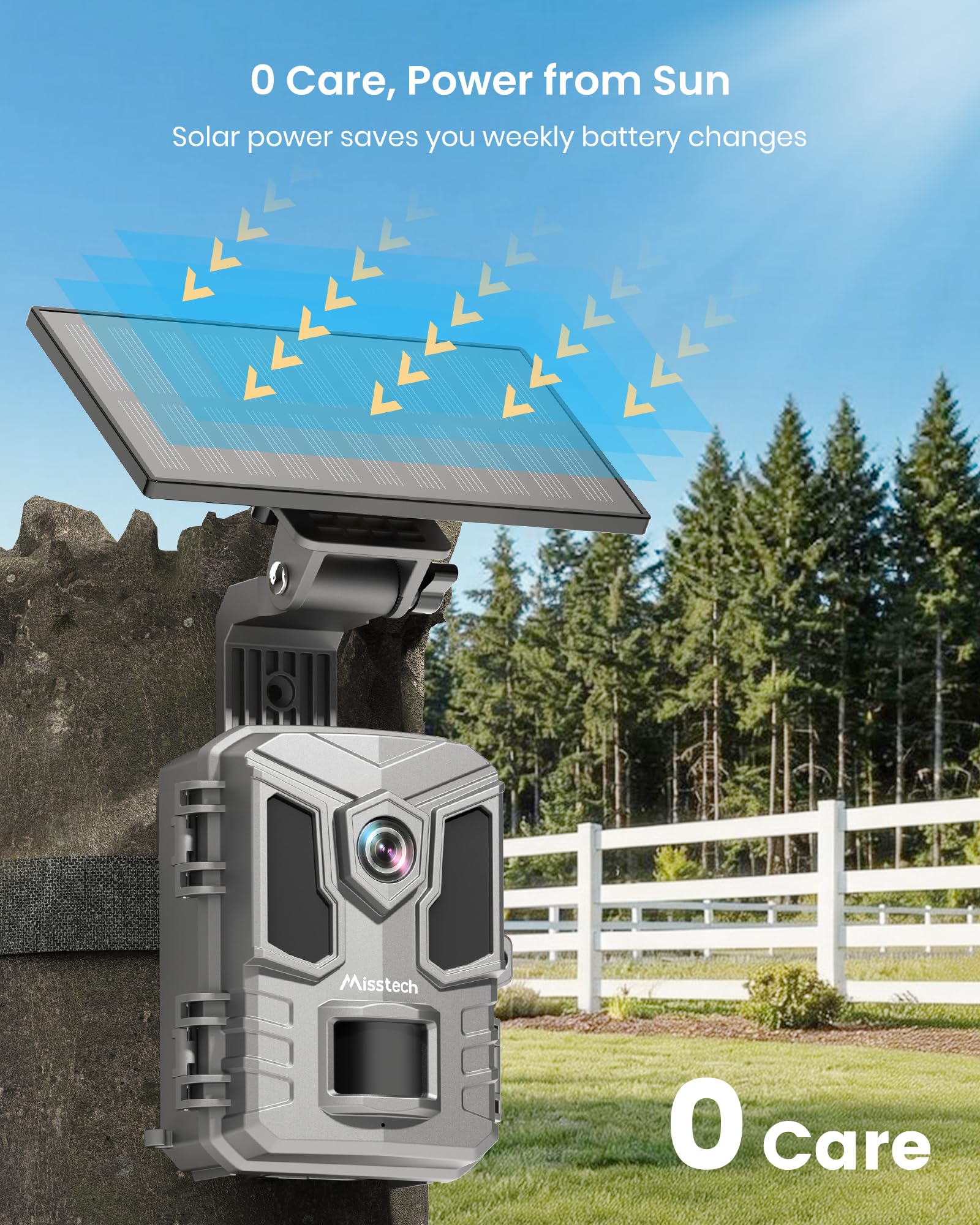 Misstech 4K UHD Solar Trail Kamera, Outdoor Wildkamera für Hofüberwachung, 0.1s Fast Motion Aktiviert zum Aufzeichnen, 64MP/4K Klare Nachtsicht, Keine Monatliche Gebühr, App-Steuerung, IP66