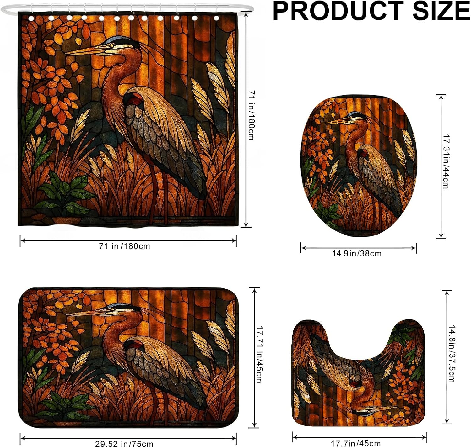 4Pcs Stained Glass Shower Curtain Set, Orange Heron Floral Bath Mat Rugs Accessories for Bathroom Decor, Autumn Waterproof Fabric Shower Curtain Set 72x72 Inch