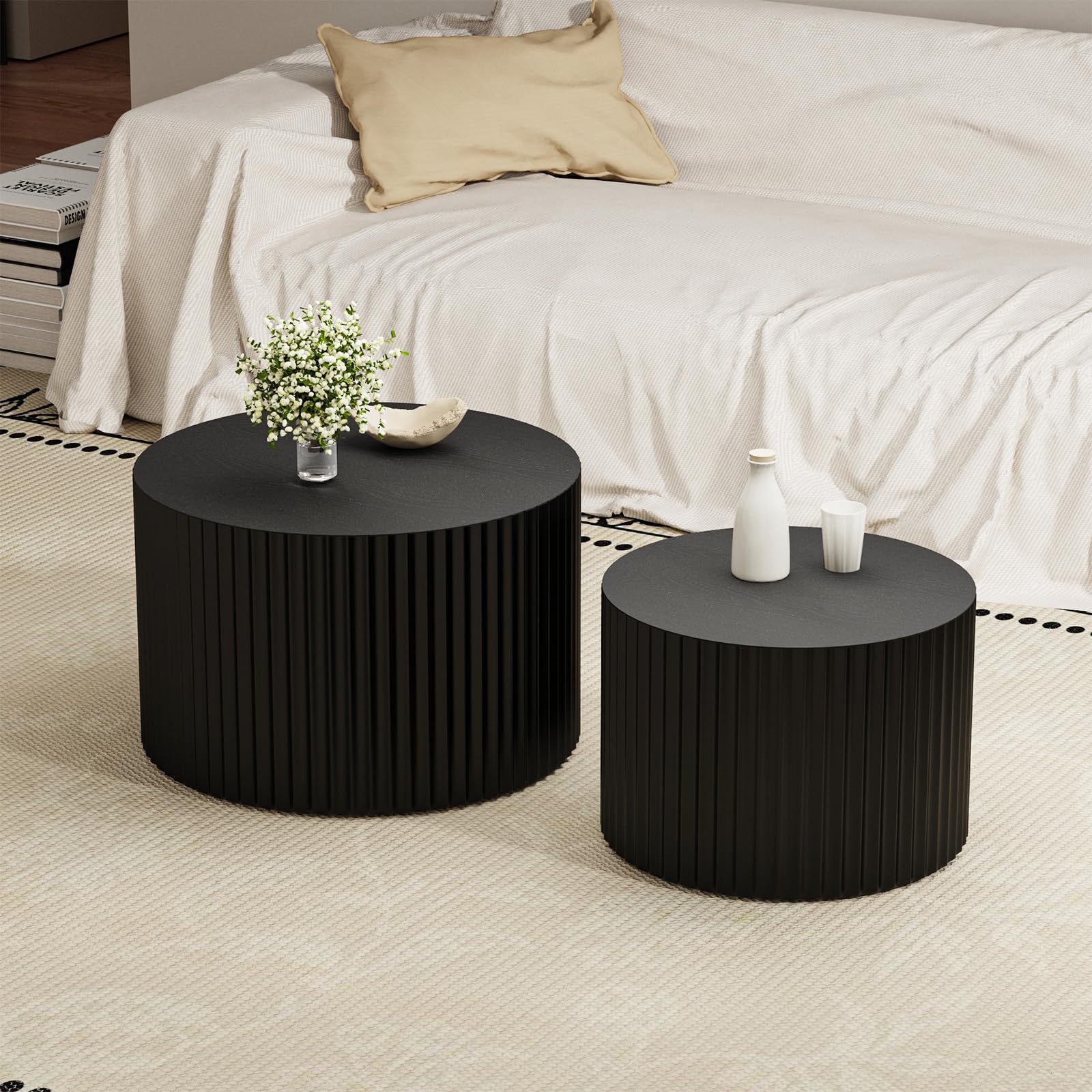 Round Nesting Coffee Table Set of 2 Modern Black Fluted Coffee Table Small Round End Table Side Table Circular Coffee Tables Circle Nested Coffee