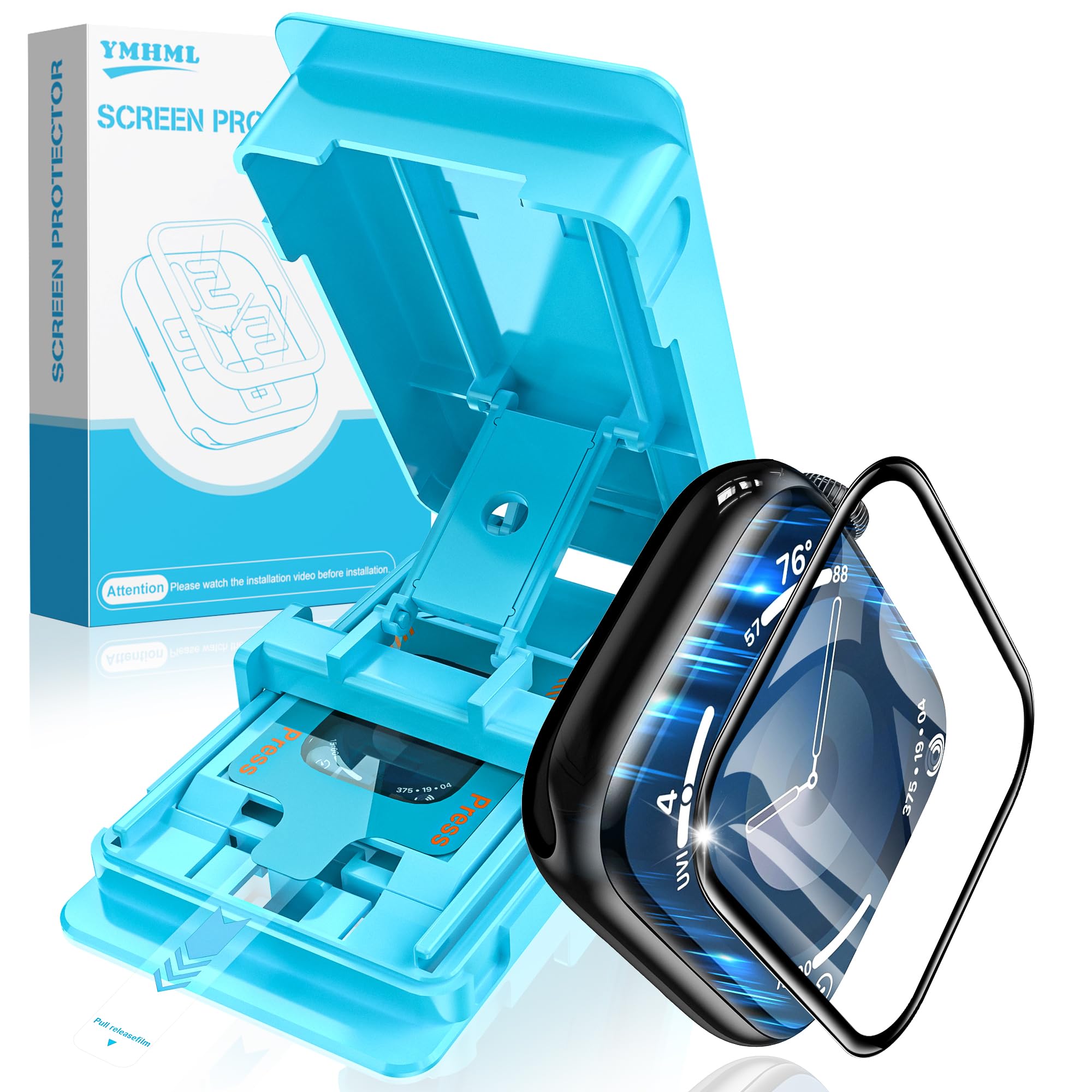 YMHML Paquete de 3 protectores de pantalla para Apple Watch de 45 mm Series 9, 8 y 7, irrompible y nunca se cae, caja de instalación Magic EZ, película impermeable curvada 3D para iWatch