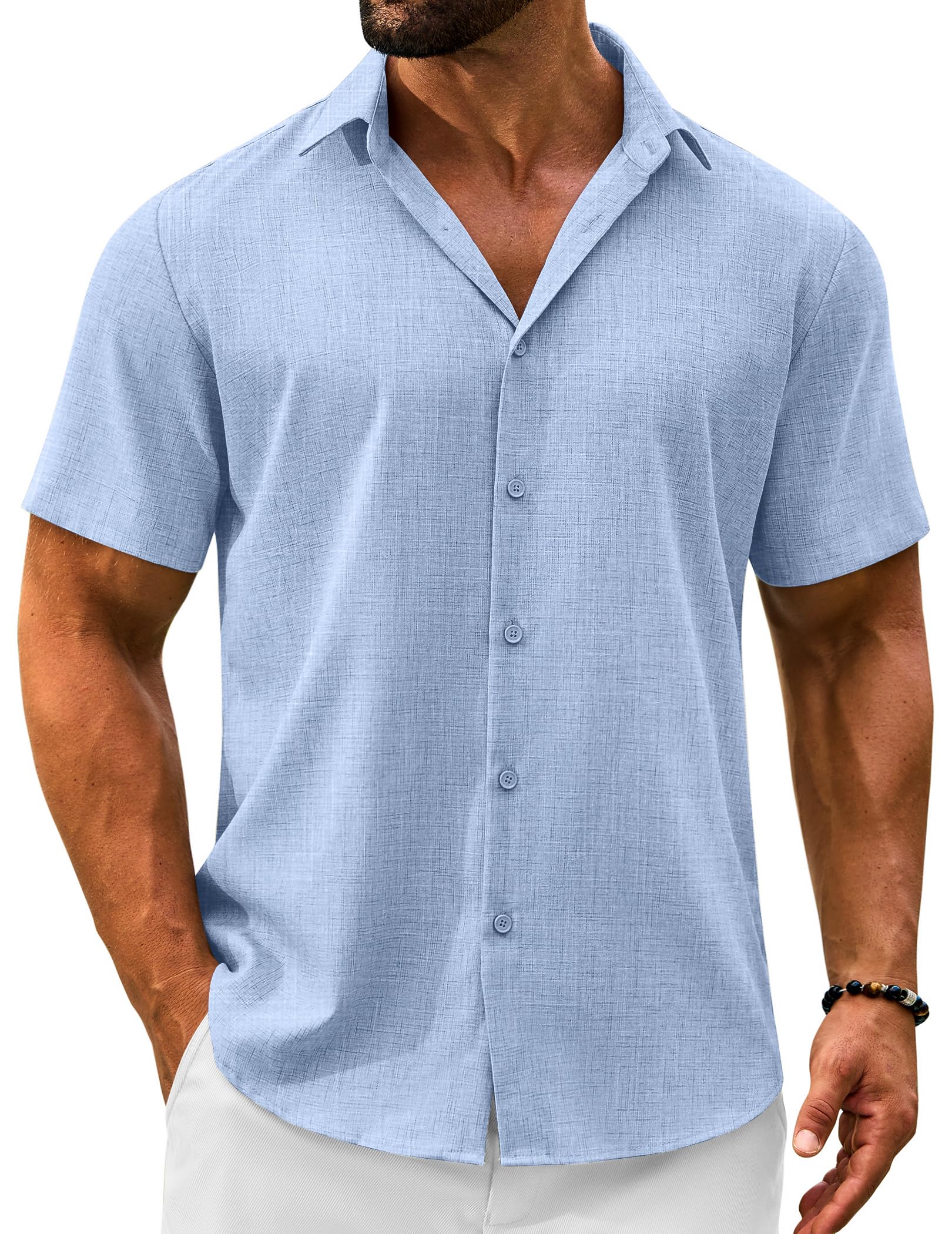 VOZZBY Men's Linen Shirts Short Sleeve Casual Button Down Shirts Summer Beach Wedding Vacation Cotton Tops