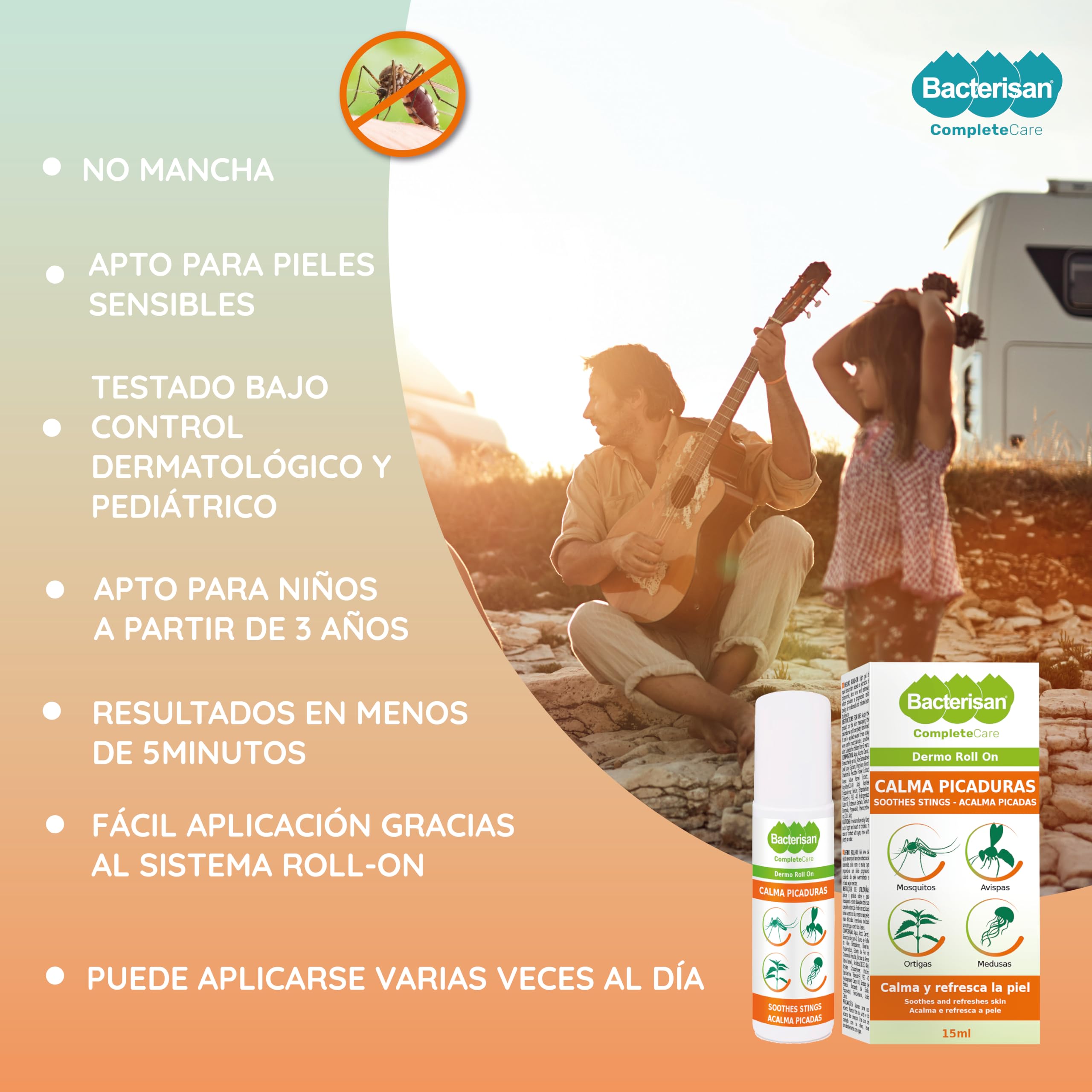 BACTERISAN Dermo Roll On, lenisce le punture d'insetto, allevia il prurito e lenisce la pelle, effetto rinfrescante, adatto a bambini e adulti 15 Ml, trasparente