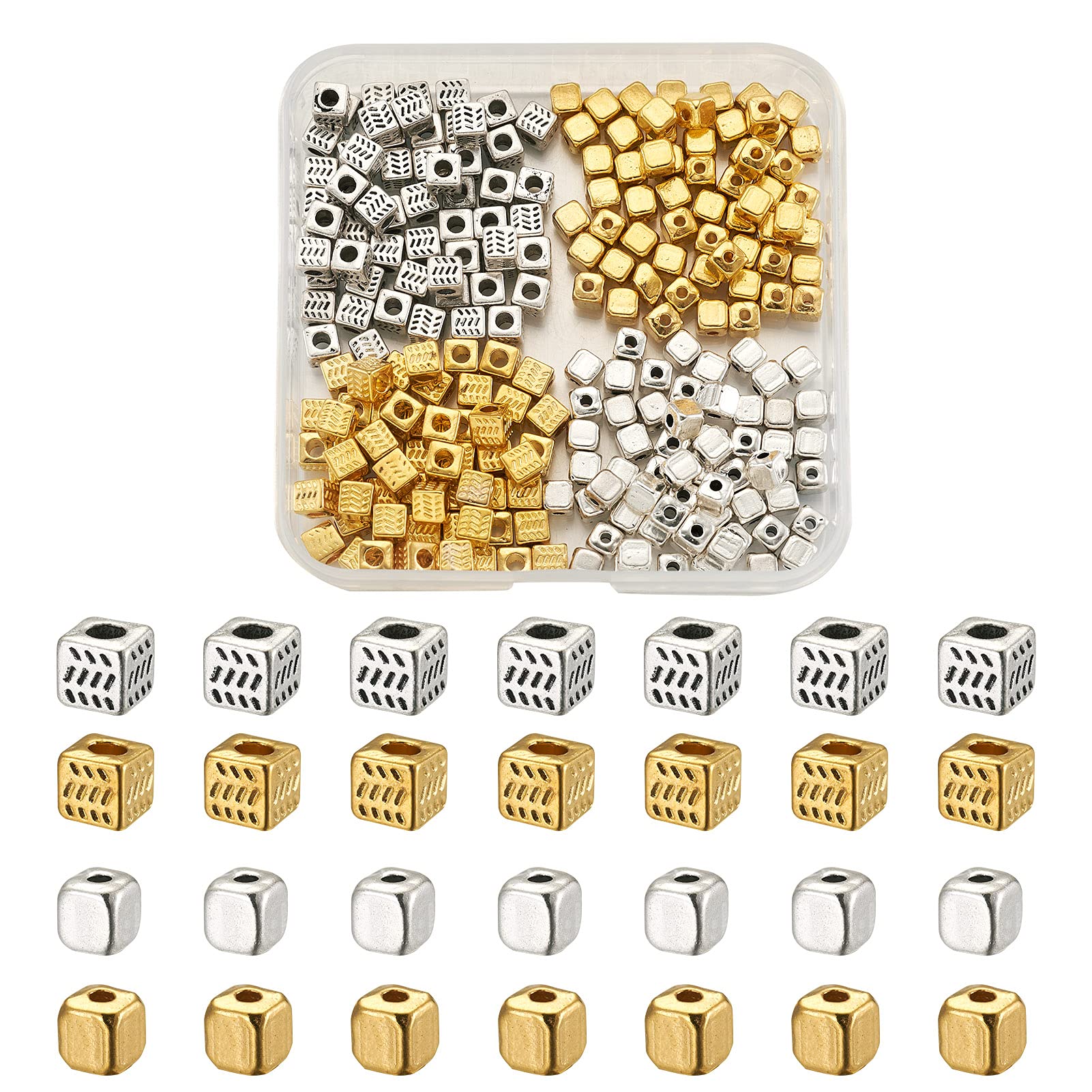 PandaHall 240pcs 4 Styles Alloy Cube Spacer Loose Beads 4~4.5mm Golden Antique Silver Stopper Beads for Necklace Bracelet Jewelry Making, Hole: 1.5~2.5mm