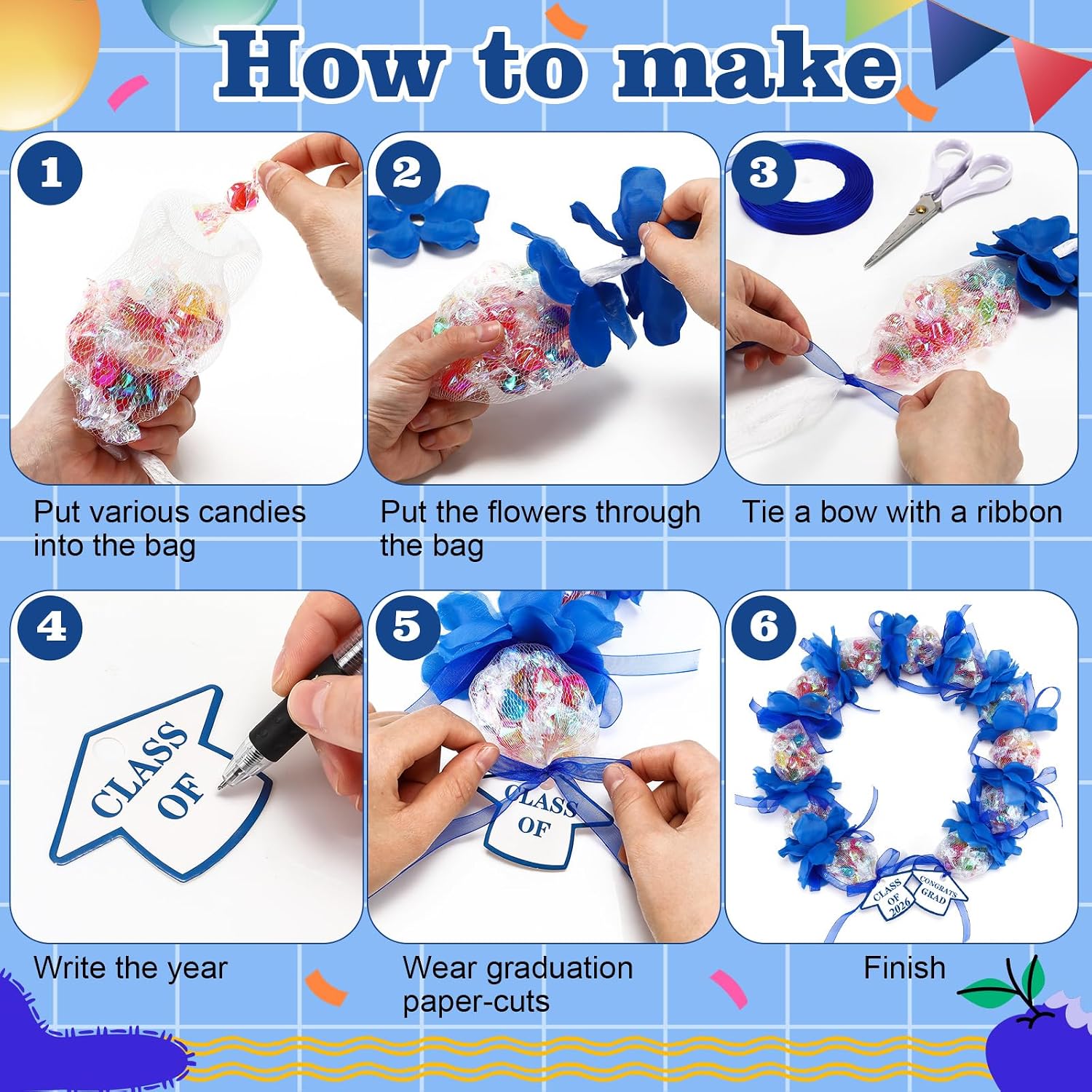 Feifeiya 6 Set Graduation Candy Lei Making Kit, Class of 2026 Candy Lei Tubing Kit Mesh Bag Flower Chiffon Ribbon Graduation Cutouts for Party Gifts 2026 Party Supplies(Blue)