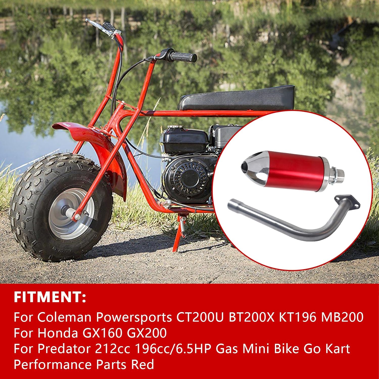 Exhaust Muffler Kit Silver For Coleman Powersports CT200U BT200X KT196 MB200,For Honda GX160 GX200，For Predator 212cc 196cc/6.5HP Gas Mini Bike Go Kart Performance Parts Red