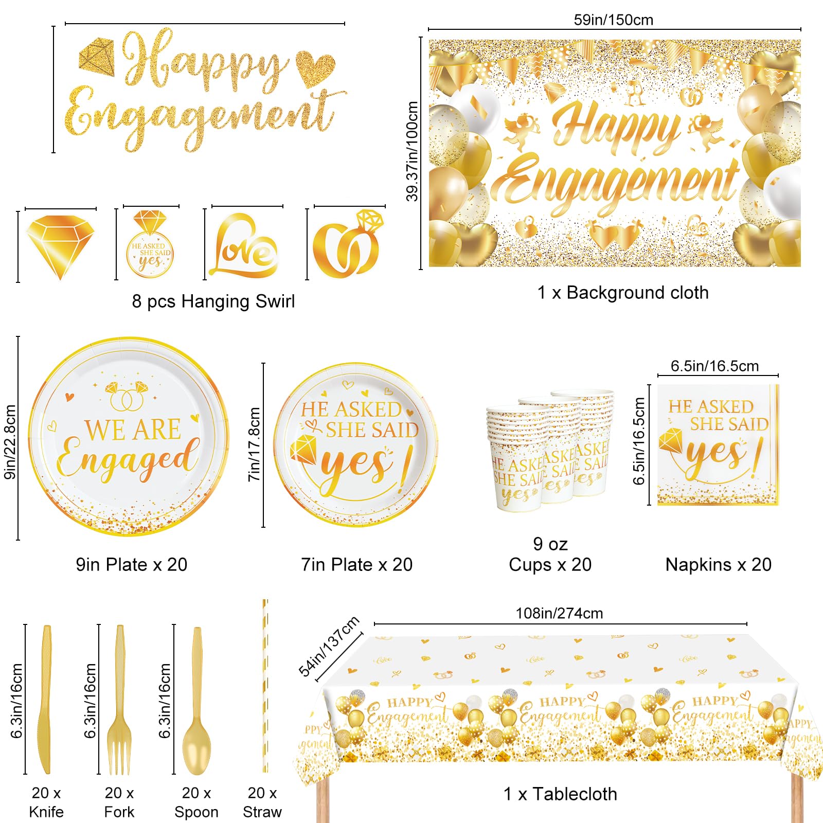 Décorations de fête de fiançailles, kit de fournitures de fête « He Asked She Said Yes », assiettes en papier, serviettes, nappe de table jetable pour décoration de demande en mariage, pour 20