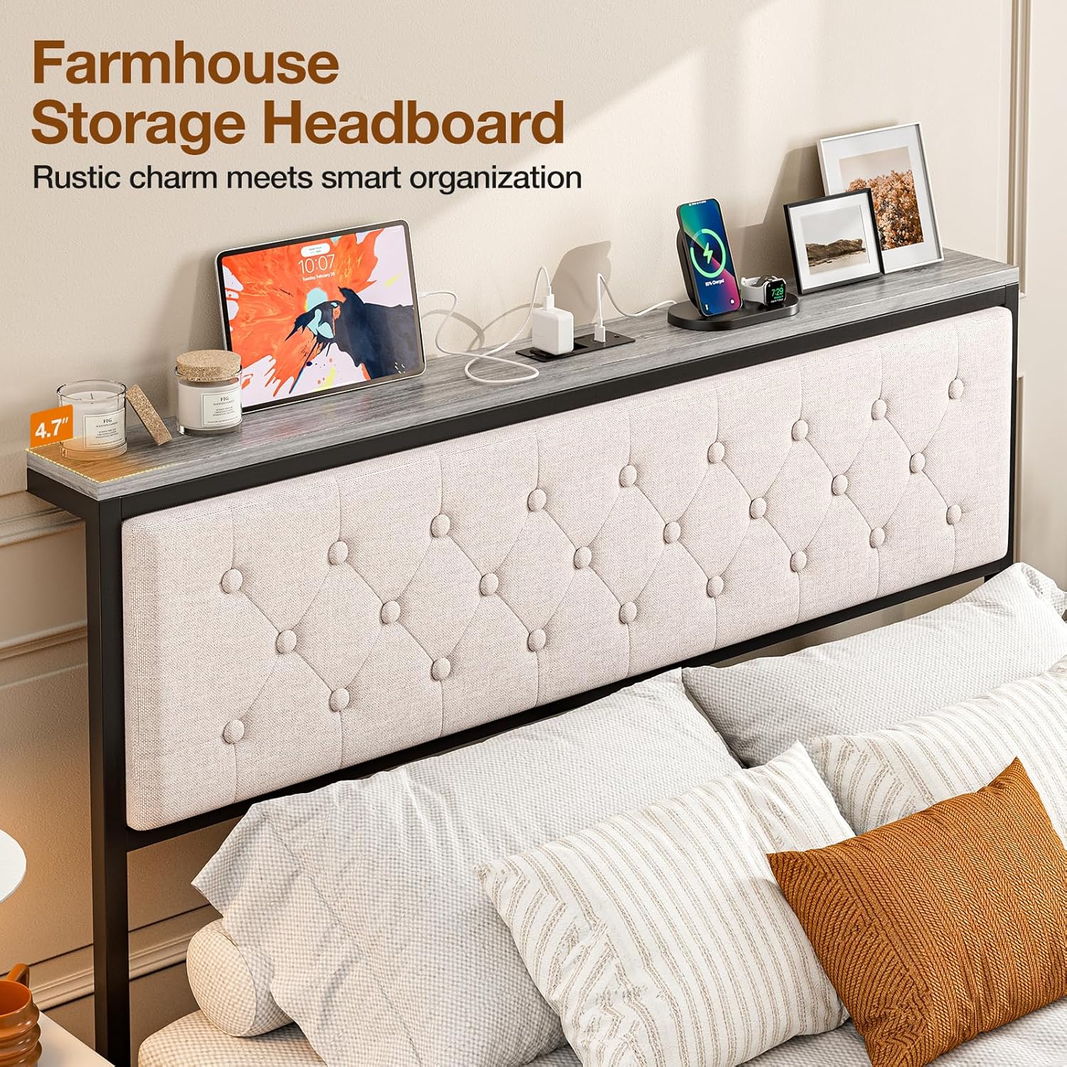 IKIFLY Headboard Queen Size with Storage and Charging Station, Upholstered Queen Storage Headboard Only with Bed Frame Brackets Adapter, Button Tufted Design, Easy Assembly, Beige
