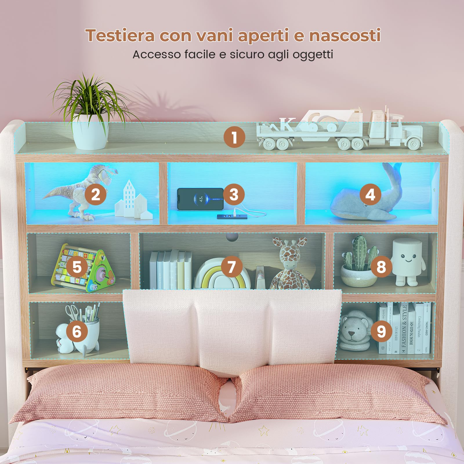 AOGLLATI Letto Singolo Imbottito 90x200 con Cassetti, Letto Contenitore