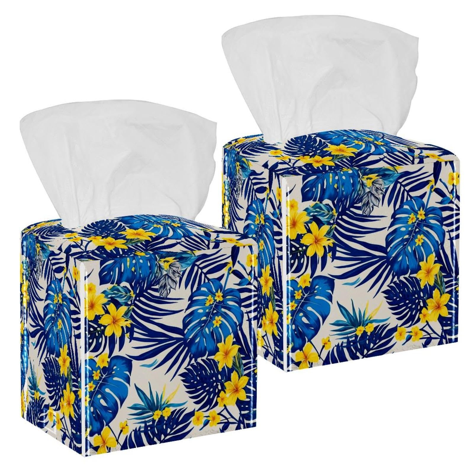 Artistic Leaves Tissue Box Cover, 2 Pack PU Leather Square Facial Tissue Dispenser Box holder for Home Office Car