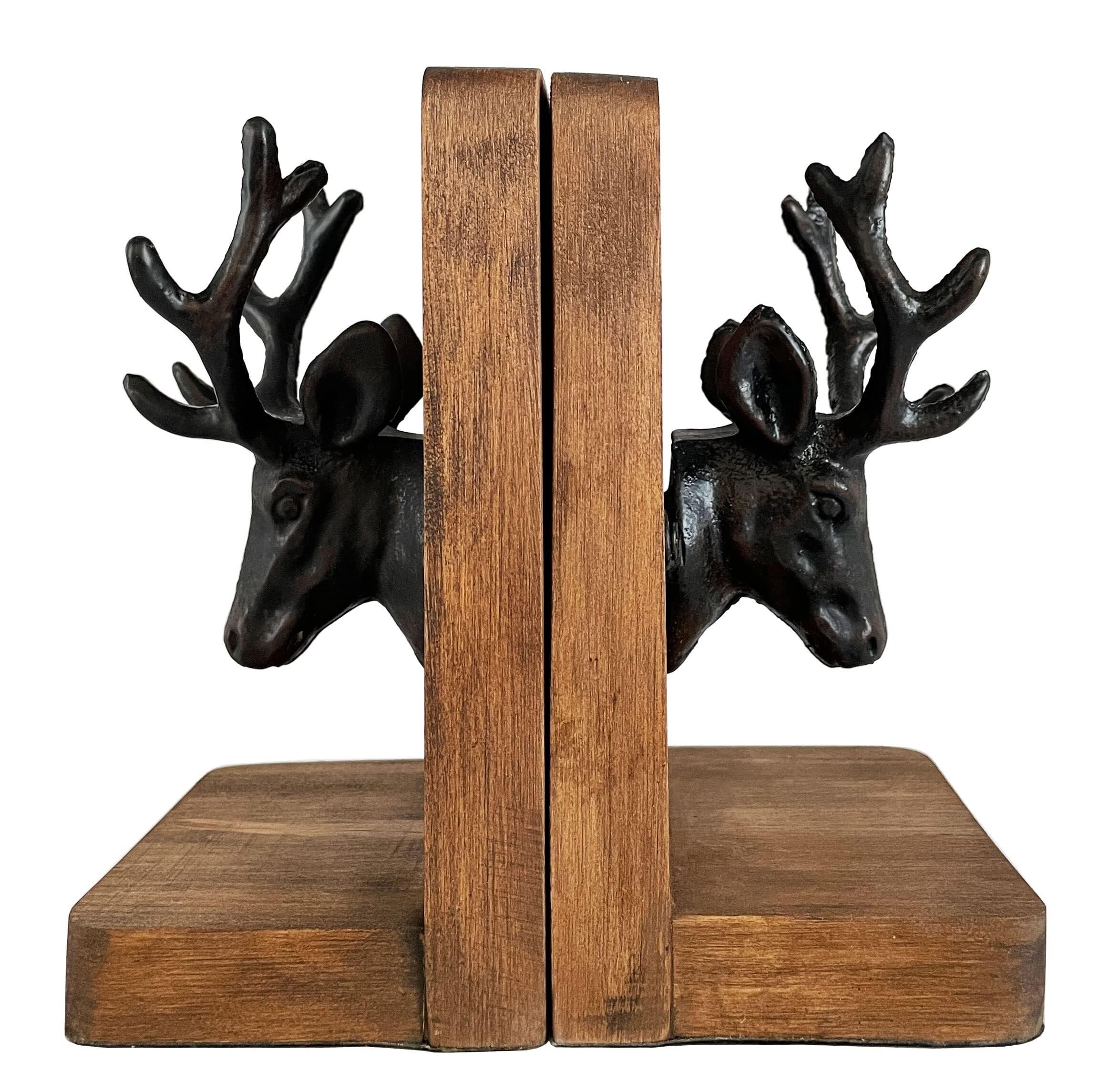 Fermalibri in ghisa con testa di cervo e corna di alce, fermalibri decorativi per mensole, scrivania in legno a forma di L, resistente, antiscivolo (1 paio), decorazione antica