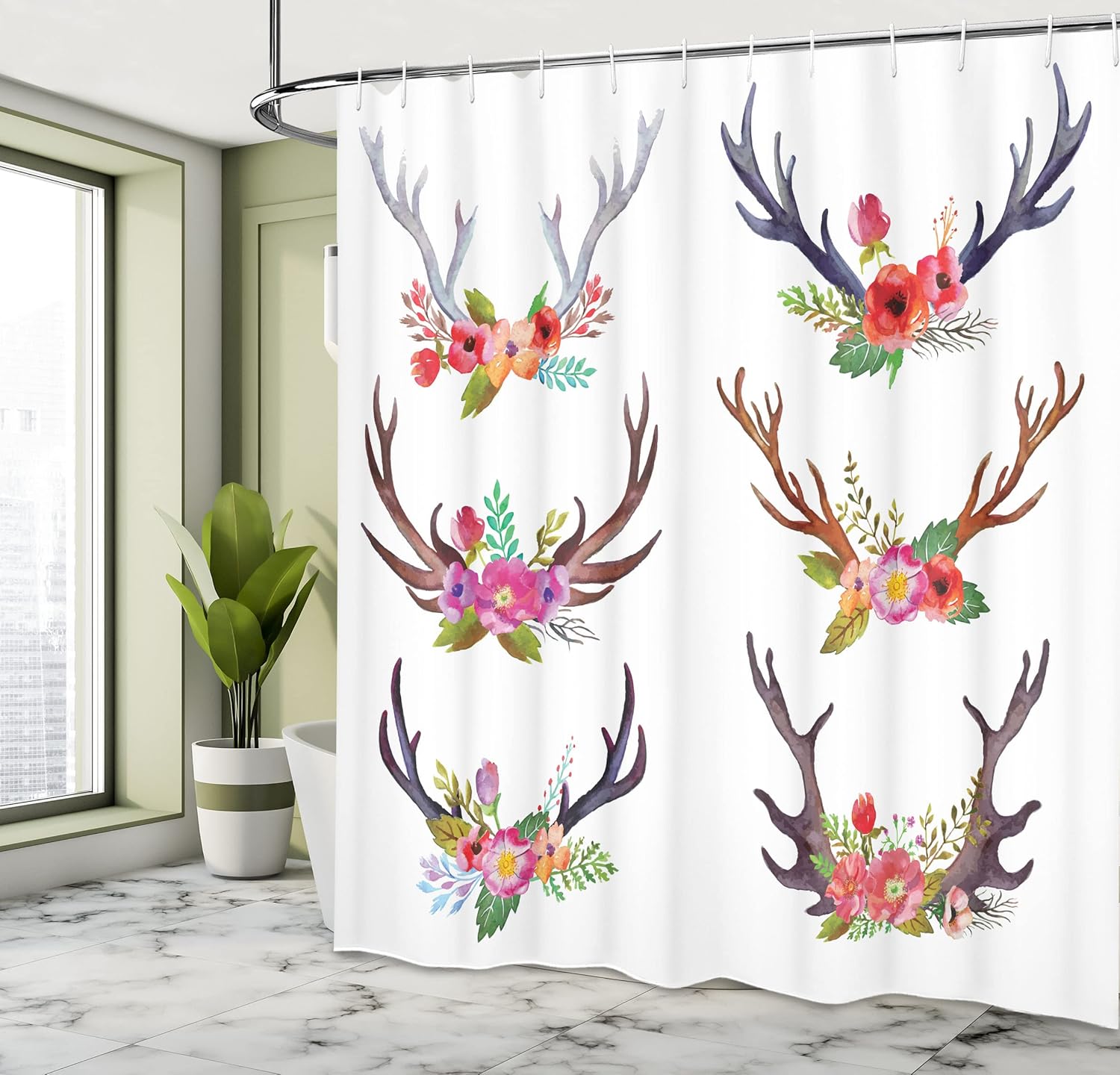Ambesonne Antlers Shower Curtain, Deer Horns Bouquet Flowers Bloom Fun Springtime Garden Branches Work of Art Print, Cloth Fabric Bathroom Decor Set with Hooks, 69" W x 84" L, White Plum Jade Green