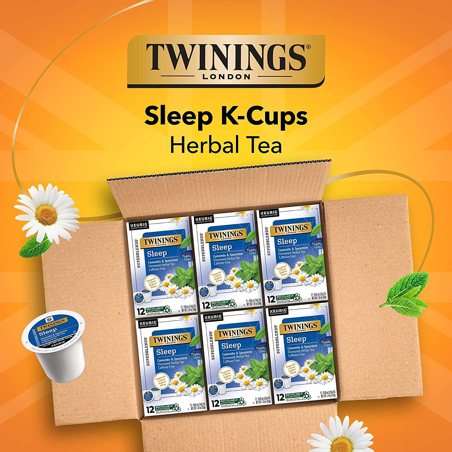 Twinings Sleep Nightly Calm Herbal Tea Single Serve K-Cup Pods for Keurig Brewers, 12 Count Box (Pack of 6)