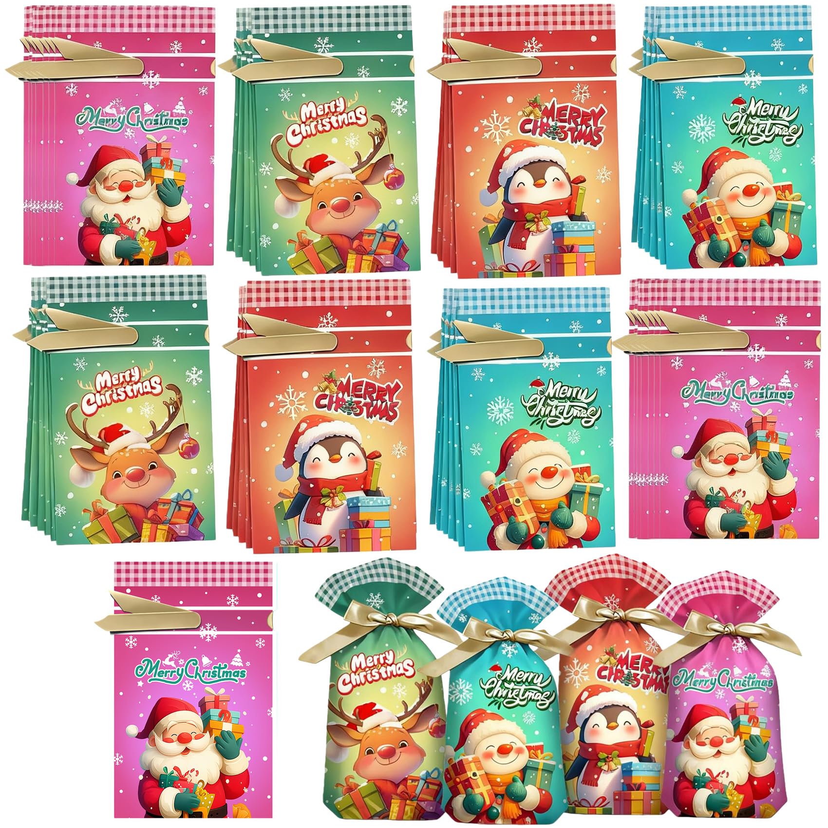 FORTSPANG Christmas Drawstring Gift Bags (50-Pack) - 9.1x5.9 Inch Assorted Bags for Christmas Party Decorations