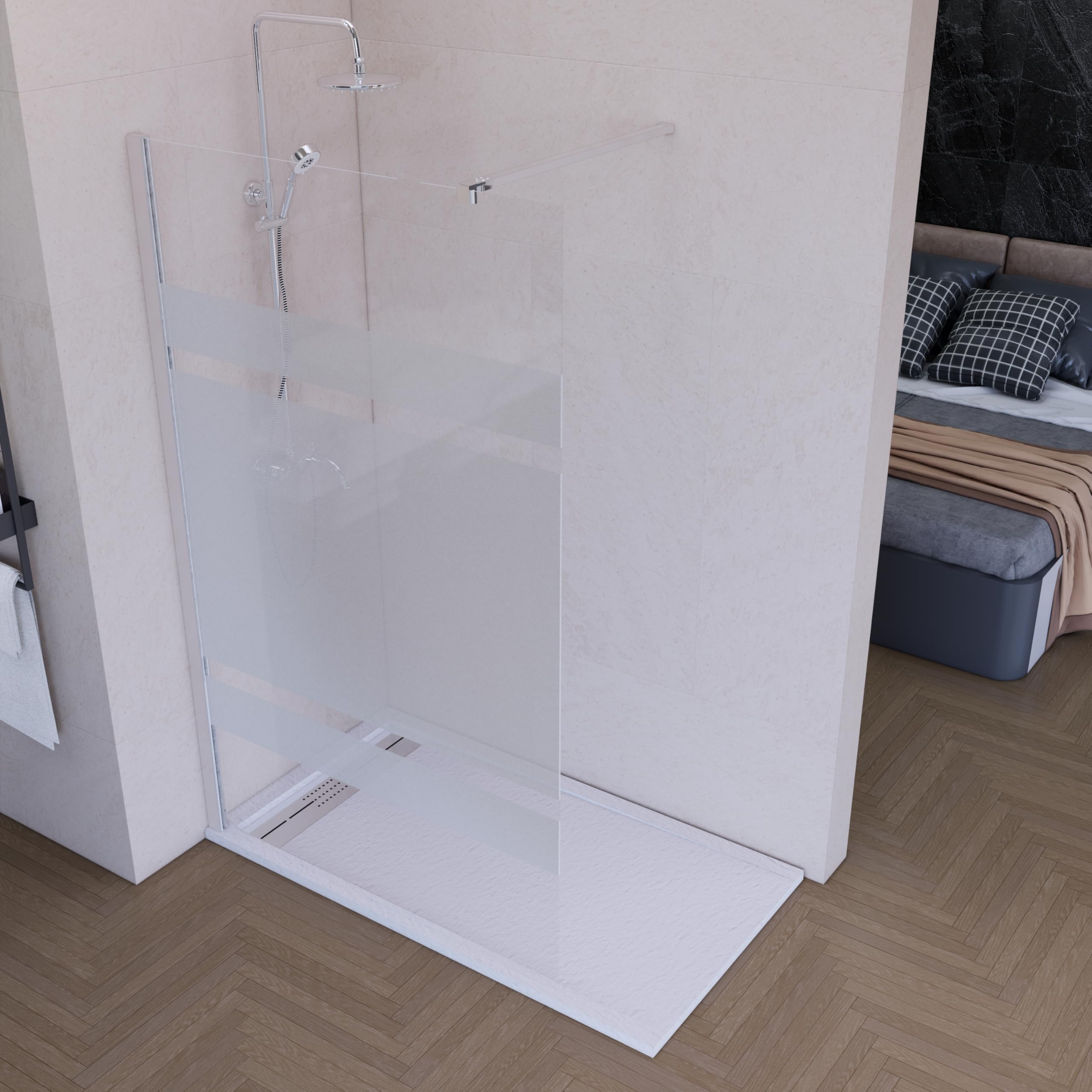 Mampara de Ducha Fija Cromo 90 x 200 cm Vitrificada, Cristal Templado Translucida 8 mm con Antical, Panel Walk In Reversible para Baño Moderno