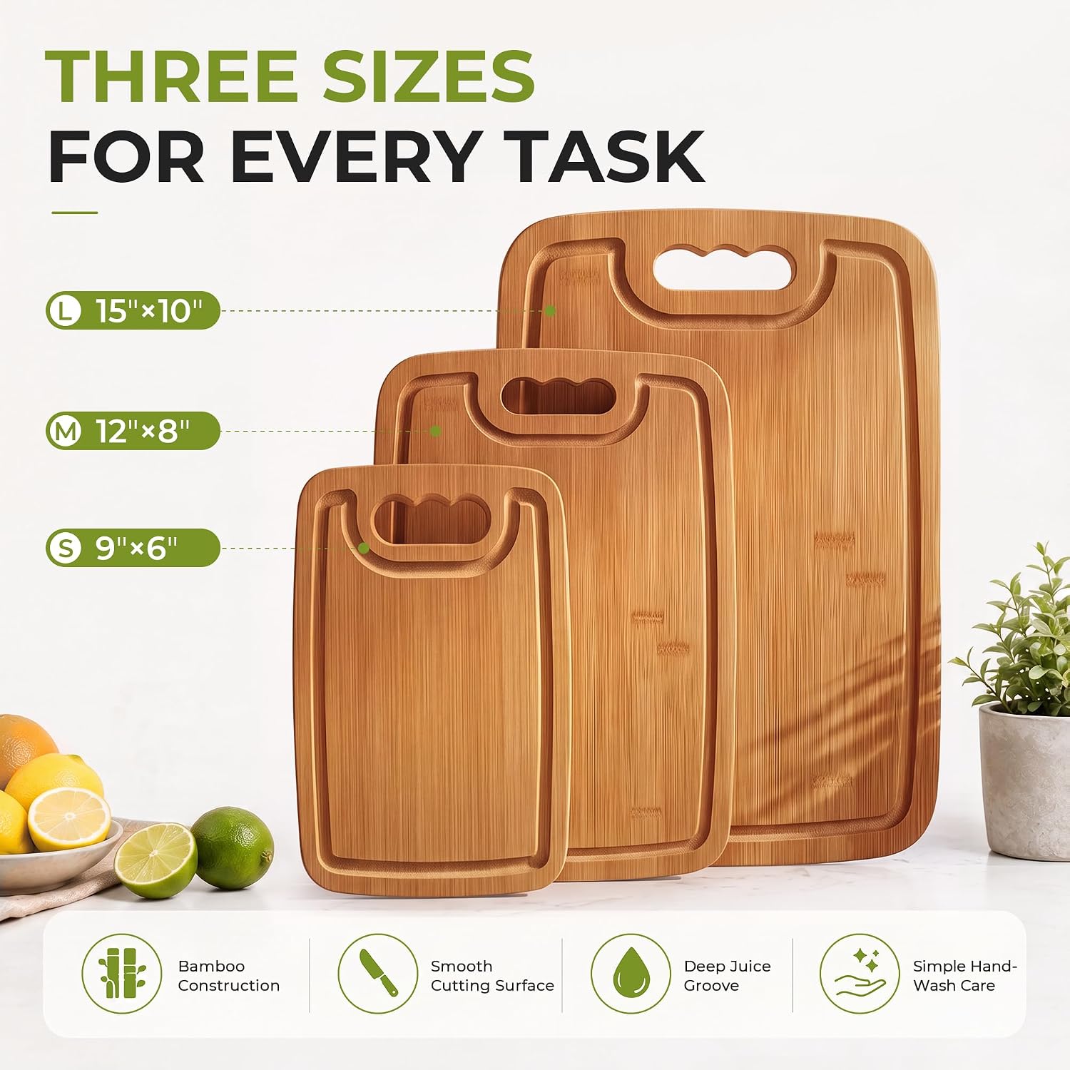 Bamboo Cutting Board Set of 3 with Stand, Juice Grooves, Handles
