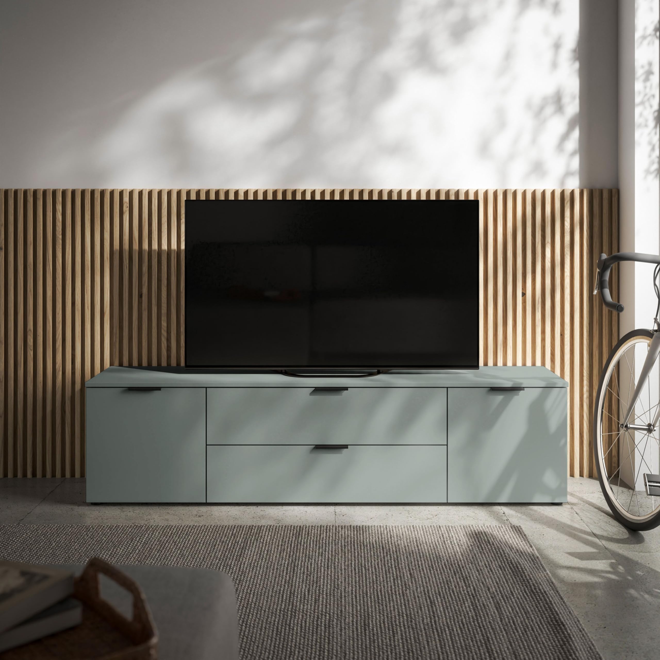 LINZ Meuble TV Bas, Couleur Sauge, Meuble TV Moderne, avec tiroirs et Beaucoup d'espace de Rangement, 180 x 47 x 40 cm (l x H x P)
