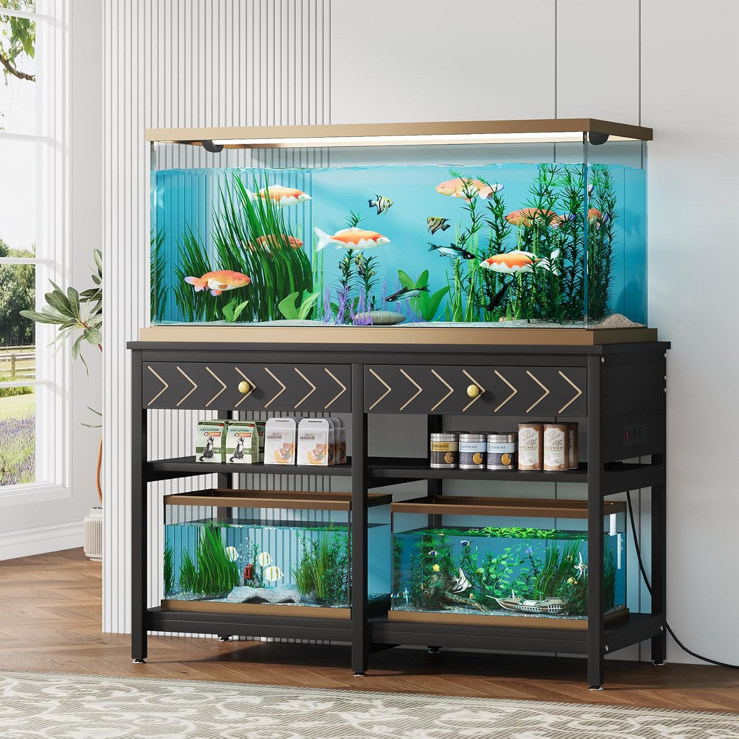 40-50 Gallon Aquarium Stand, Fish Tank Stand with Power Outlets and Drawers, Heavy Duty Metal Reptile Tank Stand for Turtle, 911LBS Capacity, Black (No Aquarium)