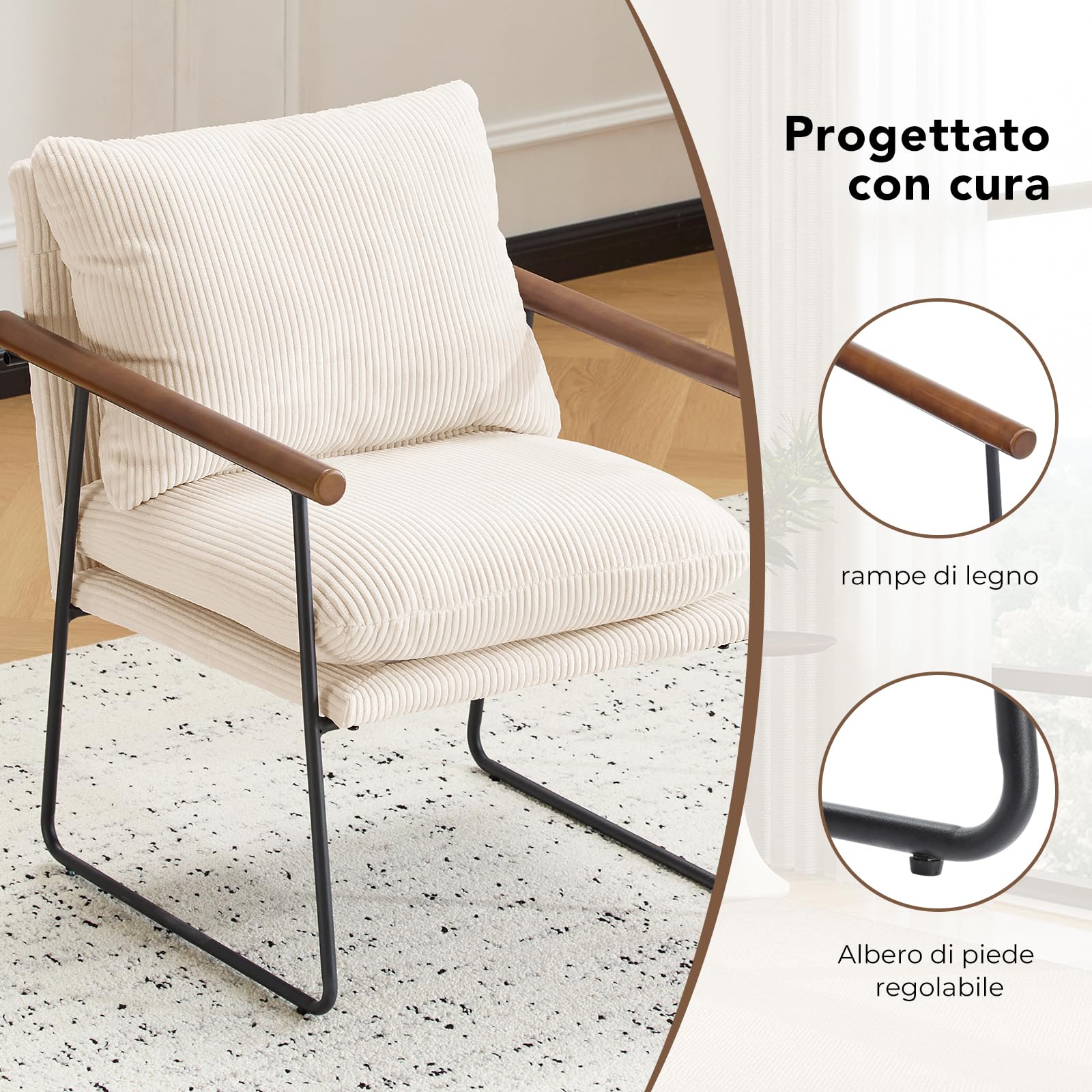 Set di 2 Poltrona Salotto Scandinava, Poltrona Camera da Letto con struttura in metallo, Poltroncina Imbottita con Braccioli per Soggiorno Camera da Letto Sale da Pranzo, Beige