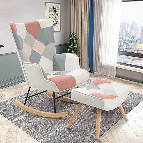 MEMAEMO Mecedora de retazos con otomana tapizada, sillas de acento con respaldo alto, silla deslizadora pequeña, cómoda silla lateral para