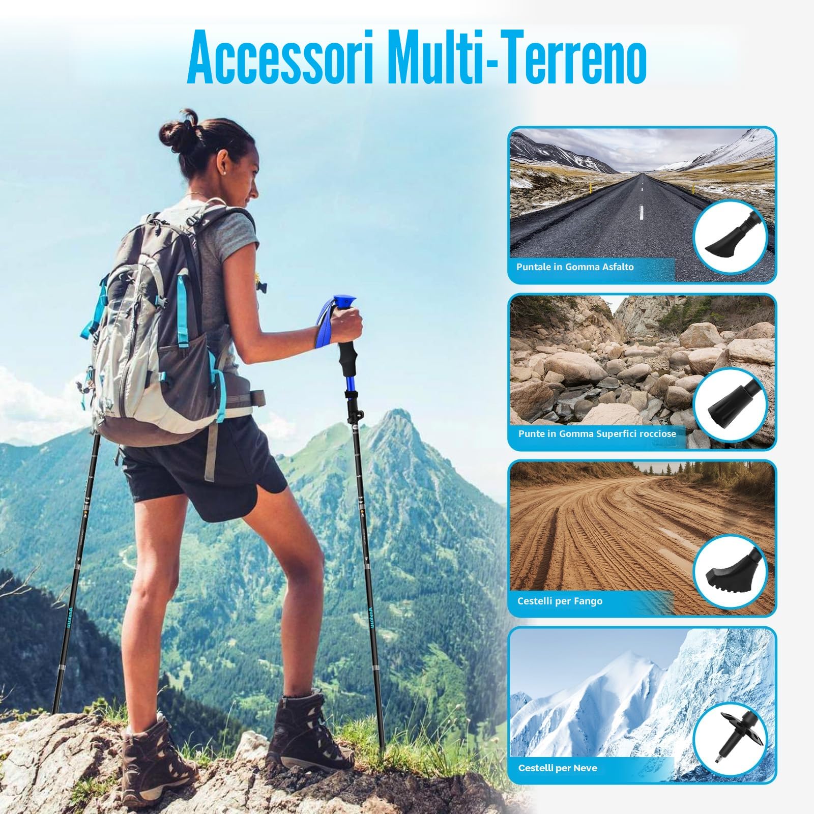 Anykuu 2 bastoncini da trekking, regolabili, 110-130 cm, in alluminio 7075, ultraleggeri, con 6 paia di accessori, per trekking e sci