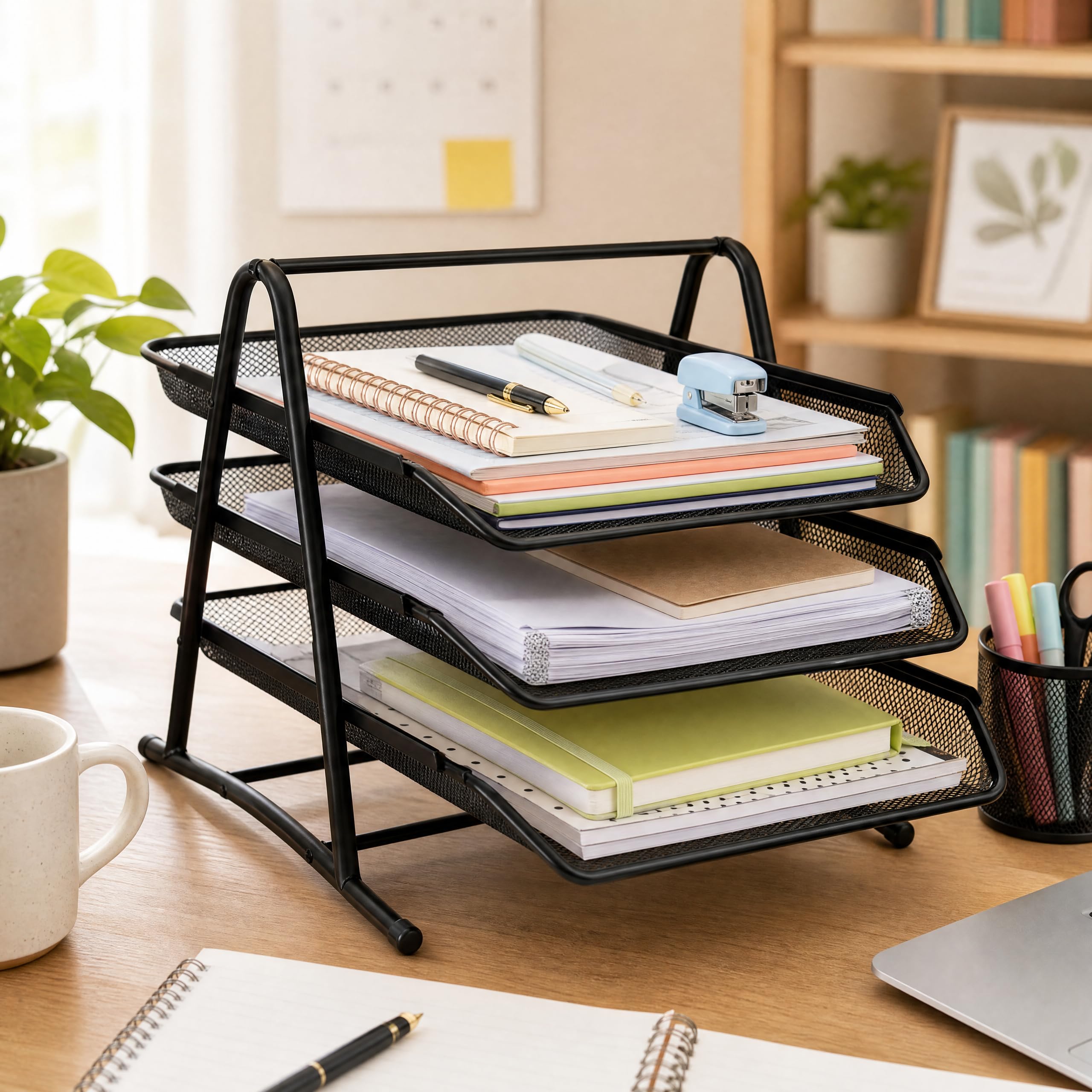 Conipa 2 Dokumentenablagen aus Metall Schwarz – je 3 Fächer Mesh Briefablage für A4 Dokumente – Schreibtisch Organizer & Papierablage für Büro, Home Office & Schule