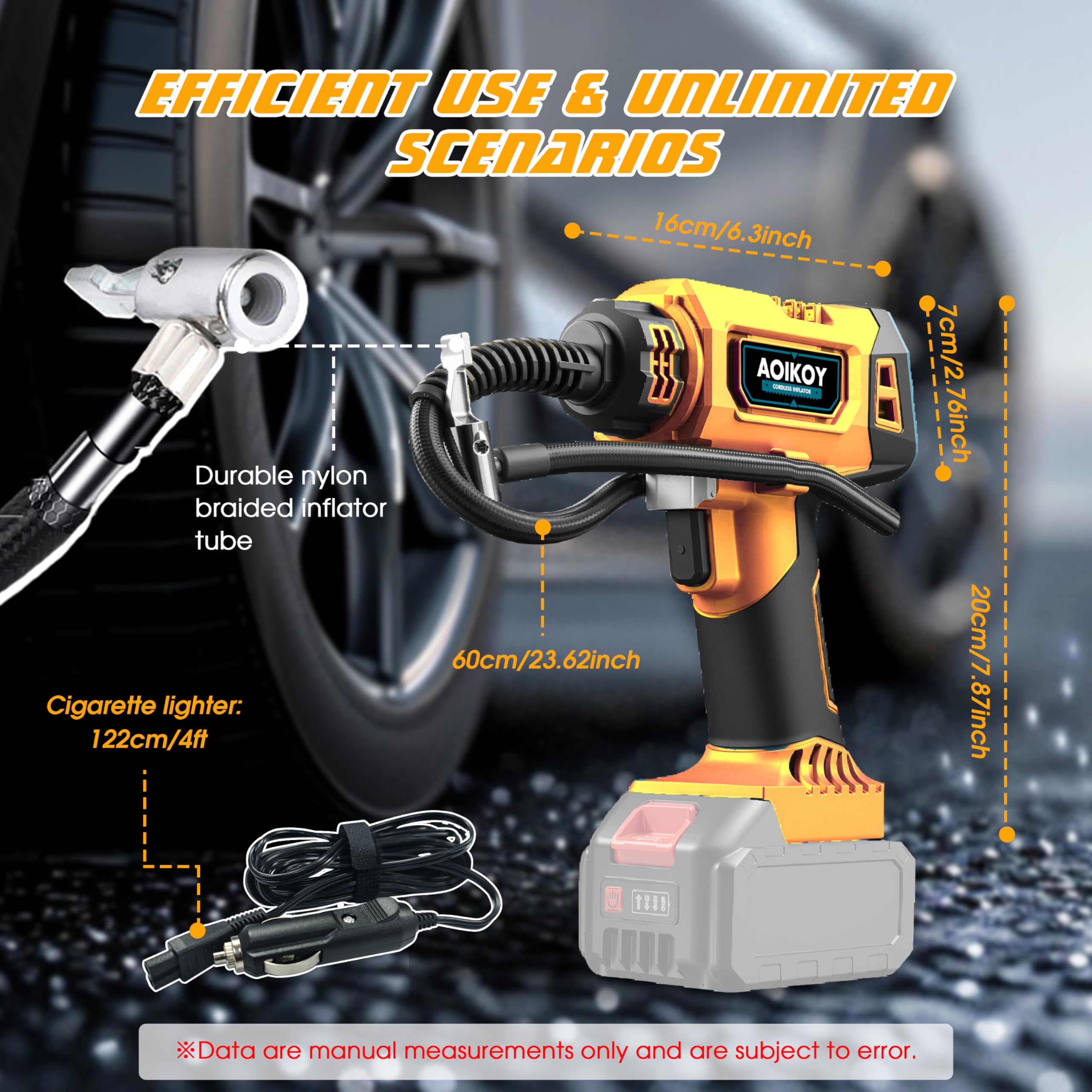 Inflador Ruedas Coche, para Batería Dewalt 21V, Compresor Aire Portátil 160 PSI, Pantalla LCD y Función de Parada Automática, para Moto, Bicicleta, Pelota, Coche, Pila no incluida
