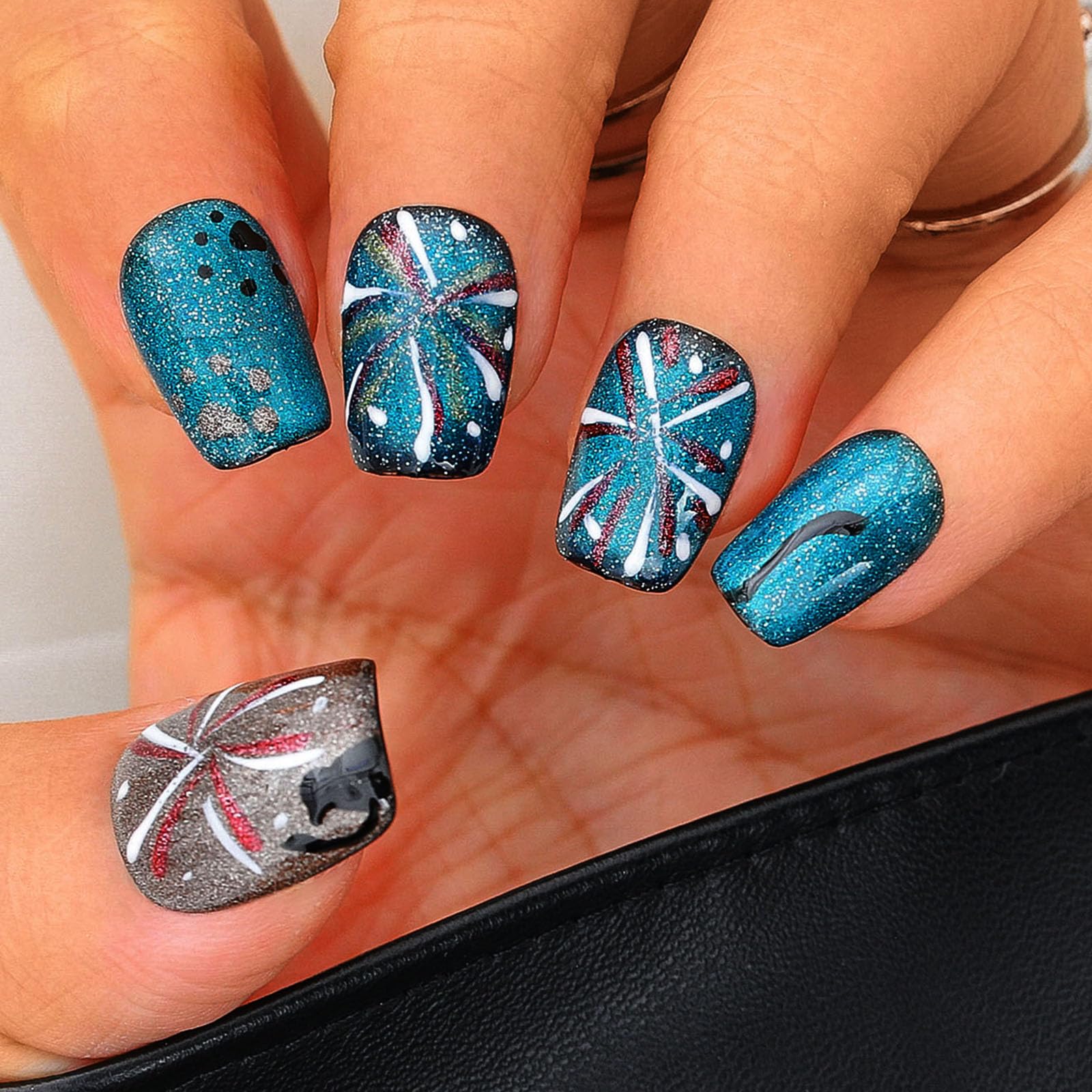 Sethexy Blue Cat Eye Handmade Press On Nails Short Coffin Acrylic False Nails with Design Glossy Hand-painted Salon Fake Nails for Women and Girls 10PCS (Blue4) - Image 3