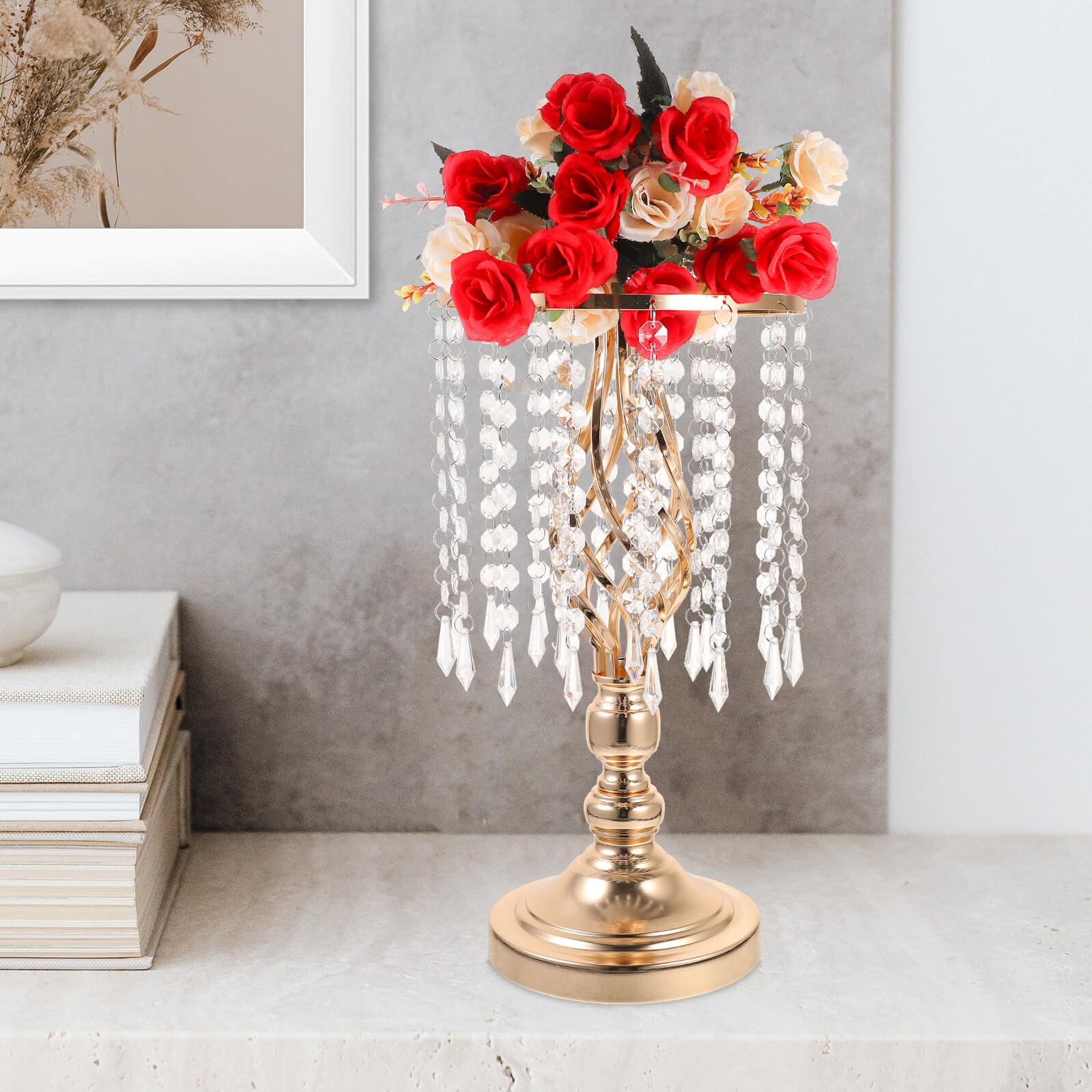 Happyyami Metallvase für Tischdekoration Hochzeit Zierlicher Kerzenhalter aus Eisen Trockenblumenständer 40cm Goldfarben für Party und Wohnraum