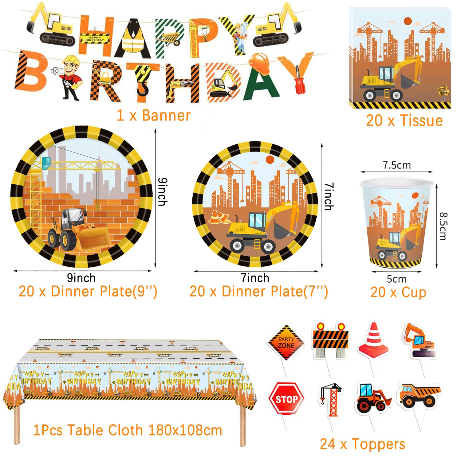 50 stuks bouwplaatsfeestservies, verjaardagsdecoratie, graafmachine