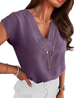 ANRABESS Women Tops Business Casual Cap Sleeve Dressy Blouse V Neck Shirts | 2026 Summer Work Outfits,Linen Like Soft Lightweight,Professional Office T-Shirts,Ladies Cute Tee,Trendy Spring Clothing