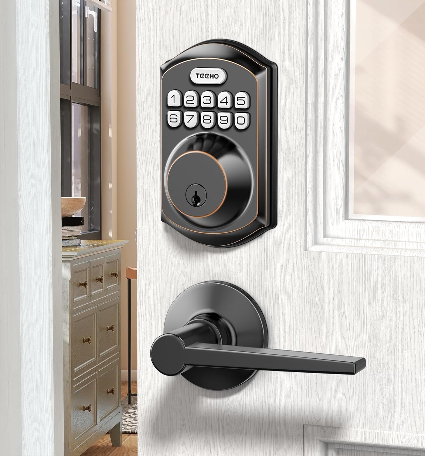 TEEHO TE001L Keyless Entry Door Lock with Handle, Oil-Rubbed Bronze