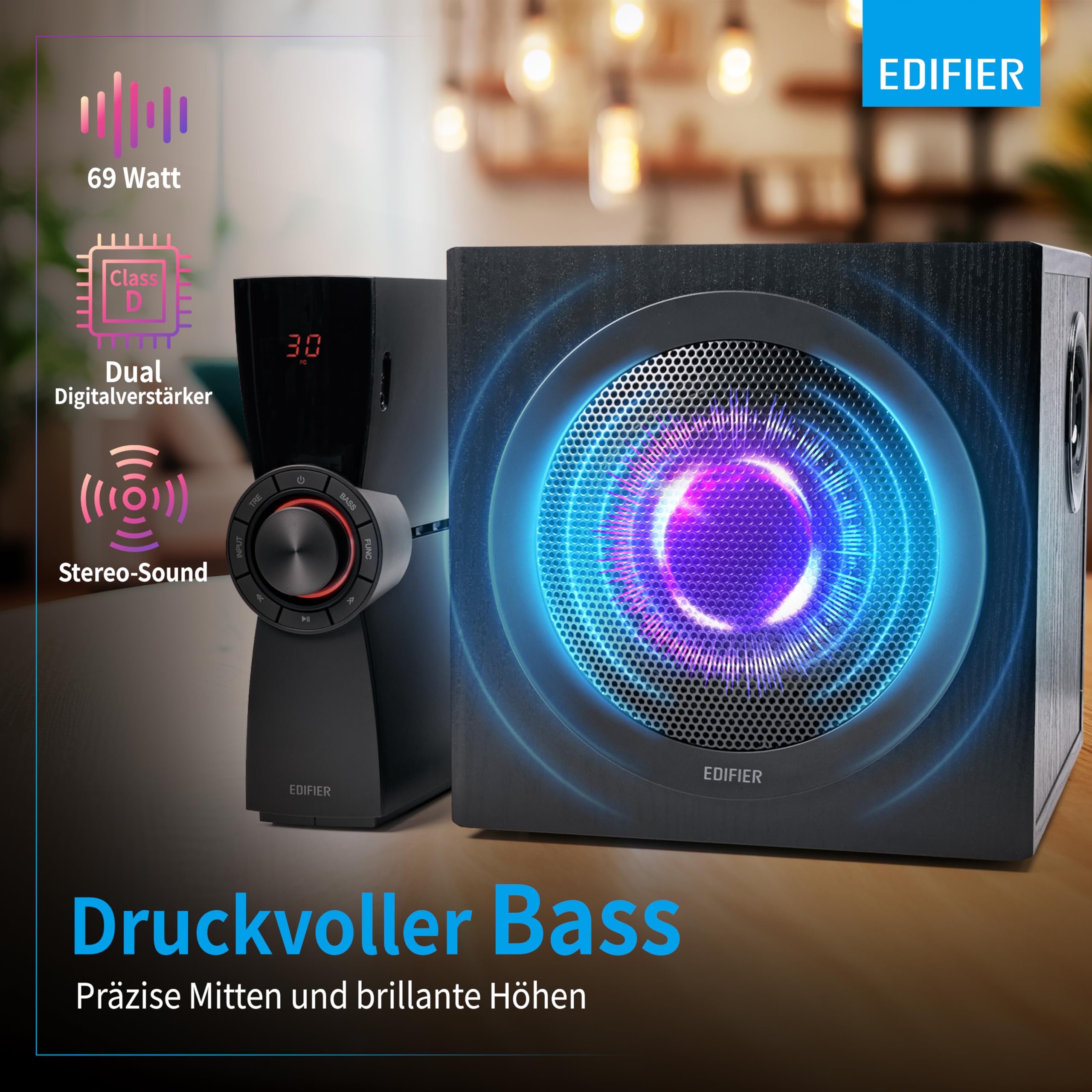 Edifier CX7 Aktives 2.1 Home-Entertainment-System mit Bluetooth V5.0, 21cm (8 Zoll) Subwoofer und Infrarot-Fernbedienung: Perfekt für TV, PC, Notebook etc., Schwarz