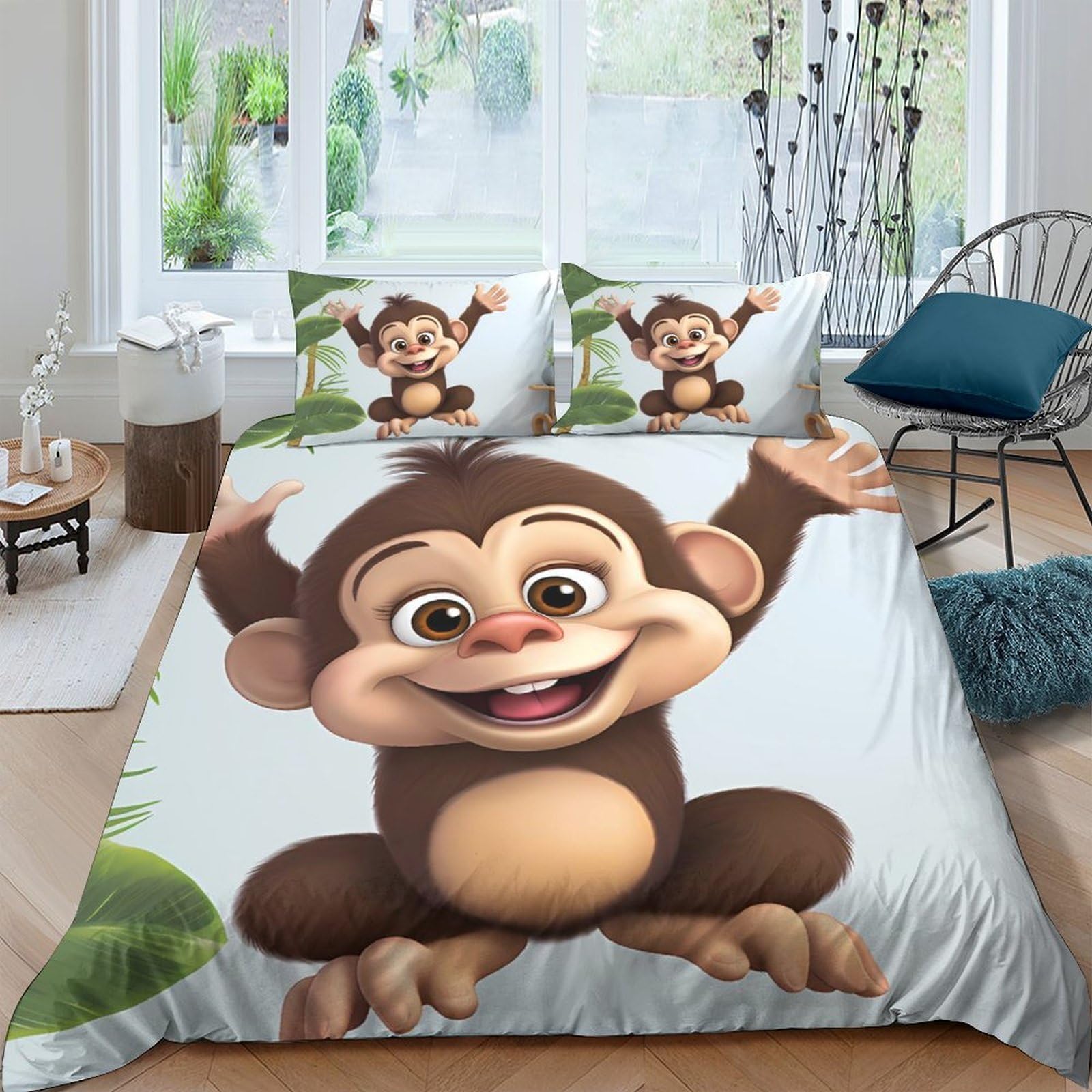 GPLZQXKJNH 3D Printed Cartoon Monkey Duvet Cover Microfiber Soft Breathable Jungle Animal Bedding Set with 2 Pillowcases for Bedroom Decor Single（135x200cm）