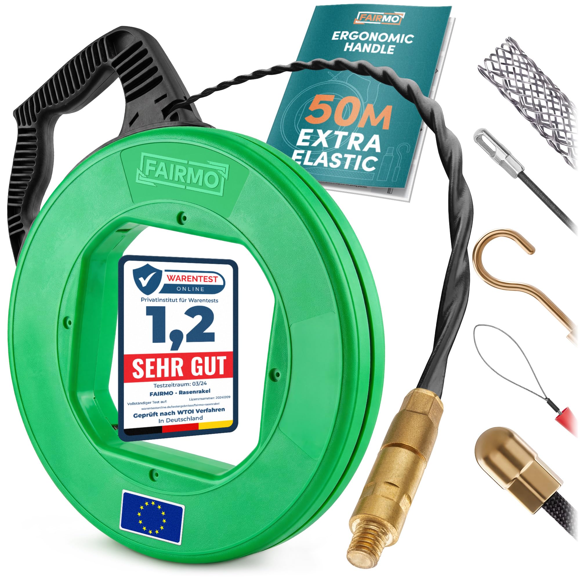 Przemyślana spirala 50 m do rur pustych firmy FAIRMO – 4 mm PET drut ciągnący w zestawie z 5 adapterami – pomoc do wciągania kabli odporna na pękanie – sprężyna do efektywnej pracy (PET – 50 metrów)