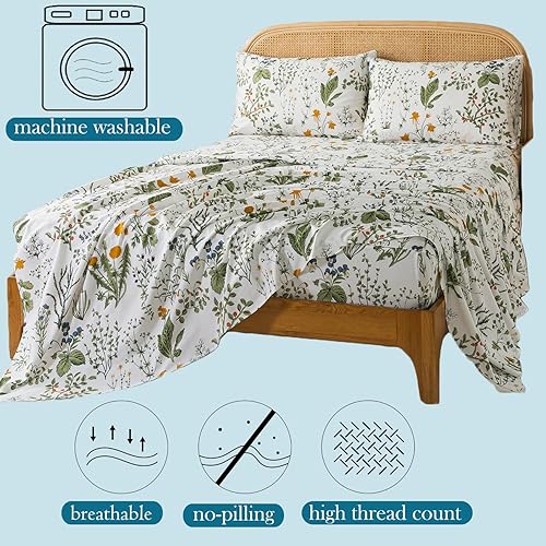 Miniatura 3 de Zusbest Juego de sábanas tamaño King de 100 % algodón percal, diseño botánico de flores amarillas y hojas verdes, estampado en jardín blanco, sábana