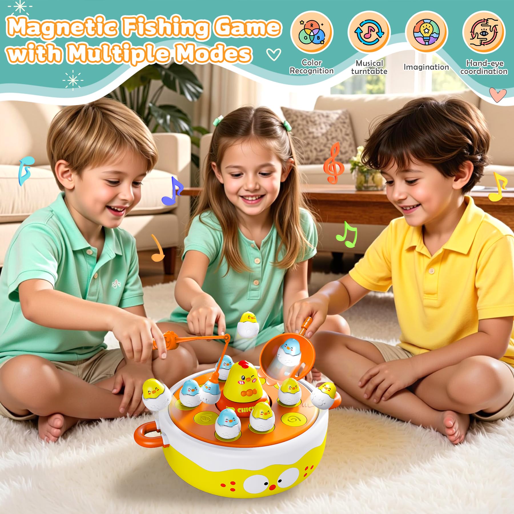 BunnyJOY Set di Pesca Magnetica 4 in 1 con Pulcini per Bambini 3+ Anni Giocattolo Educativo Montessori Interattivo con Musica, Gioco per Bambini di Pesce con Rete, Regalo per Ragazzi e Ragazze 3 4 5 6