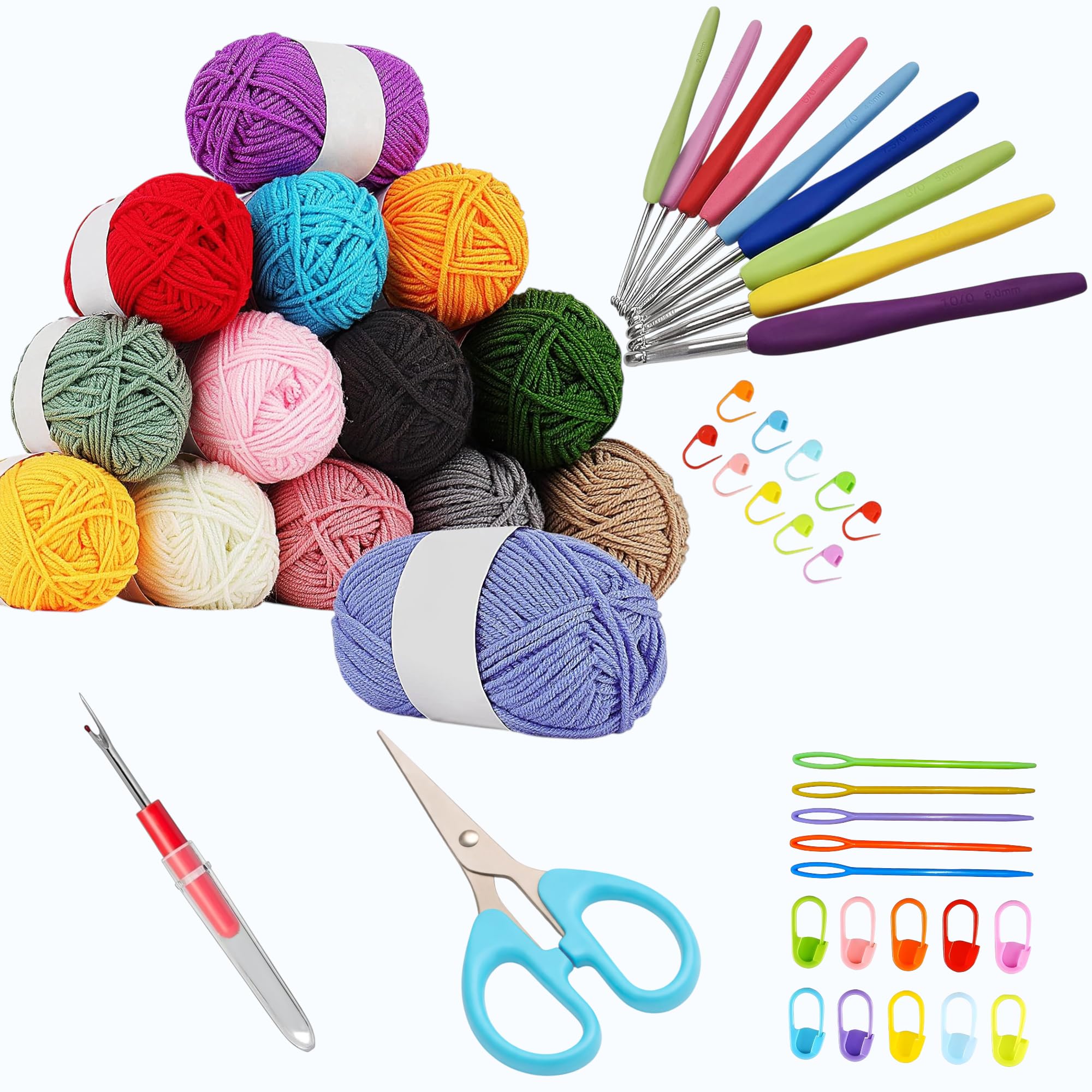 CrochetKitforBeginnerswithColorfulYarnBalls,ErgonomicCrochetHooksSet,KnittingSuppliesandAccessoriesComplete Crochet Kit Set for Beginners – DIY Crochet Making Kit with Wool, Crochet Needles, Stitch Markers & Tools – Perfect Crochet Kit for Kids and Adults (Set of 12)-image-11