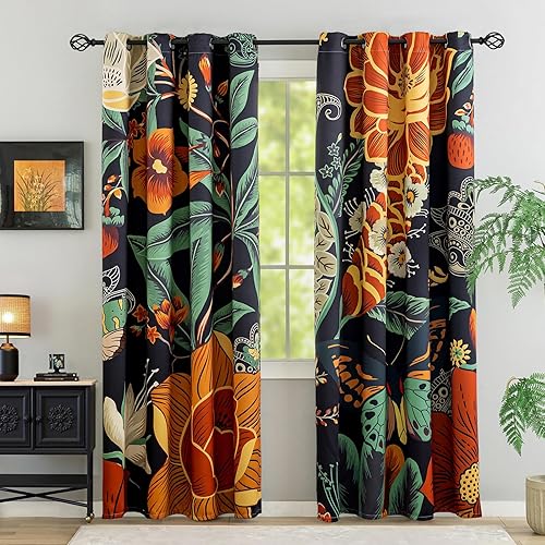 Miniatura 9 de Cortinas Opacas Florales Bohemias Negras 100% para Dormitorio 72 Pulgadas de Largo 2 Paneles Cortinas Opacas Botánicas de Mediados de Siglo Negras