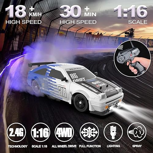 Miniatura 2 de Coche de control remoto RC Drift Car 2.4ghz escala 116 4WD de alta velocidad RC Vehículo con luces LED, dos baterías y neumáticos a la deriva,