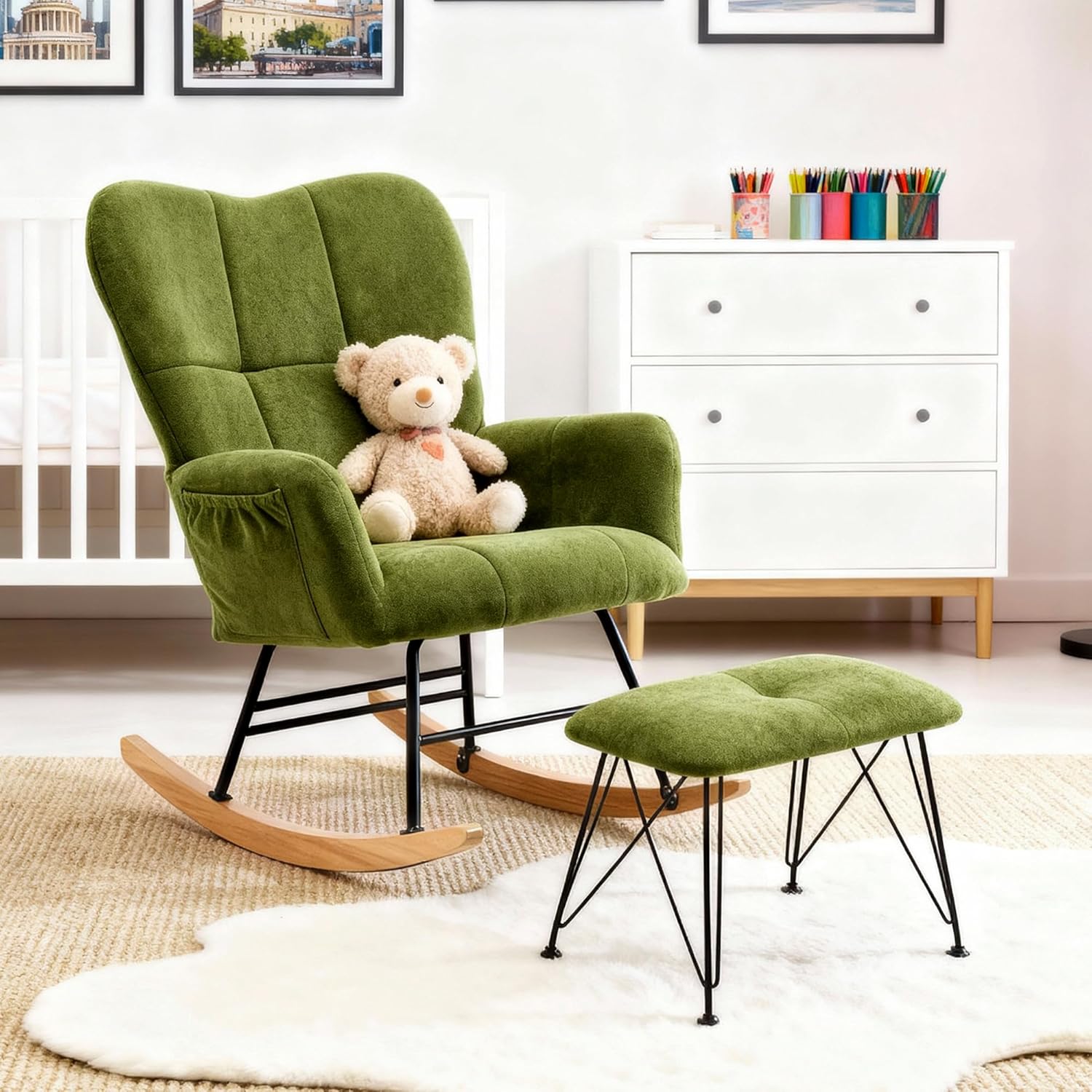 KEEZY Nursery Rocking Chair with Footrest,Upholstered Glider Rocker Rocking Accent Chair Padded Seat with High Backrest Armchair Comfy Side Chair for Living Room Bedroom(Green)