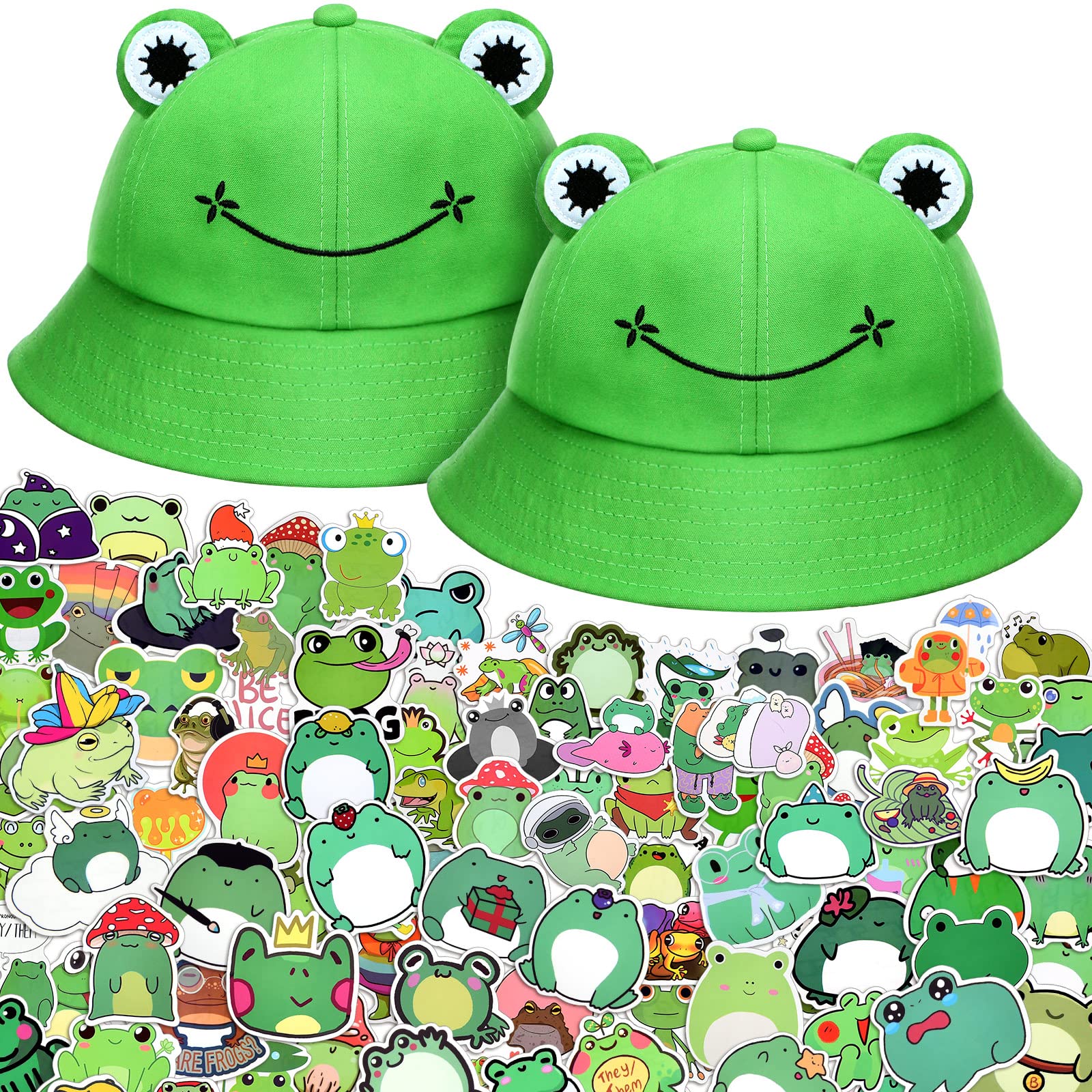 Geyoga 2 Pieces Frog Bucket Hat Summer Outdoor Foldable Frog Hat Cute Bucket Hat for Teen Green Fishing Hats with 200 Pieces Kids Cartoon Aesthetic Cute Frog Stickers Waterproof Small Frog Stickers