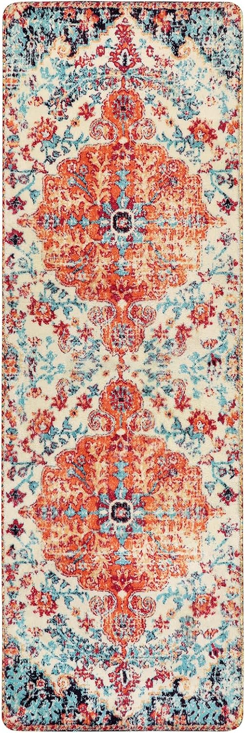 Lahome Floral Washable Kitchen Runner Rug - 2x6 Hallway Entryway Runner Rug, Oriental Medallion Distressed Non-Slip Mat, Bohemian Low-Pile Floor Carpet Runners for Bathroom Laundry Bedside, Orange - Image 9