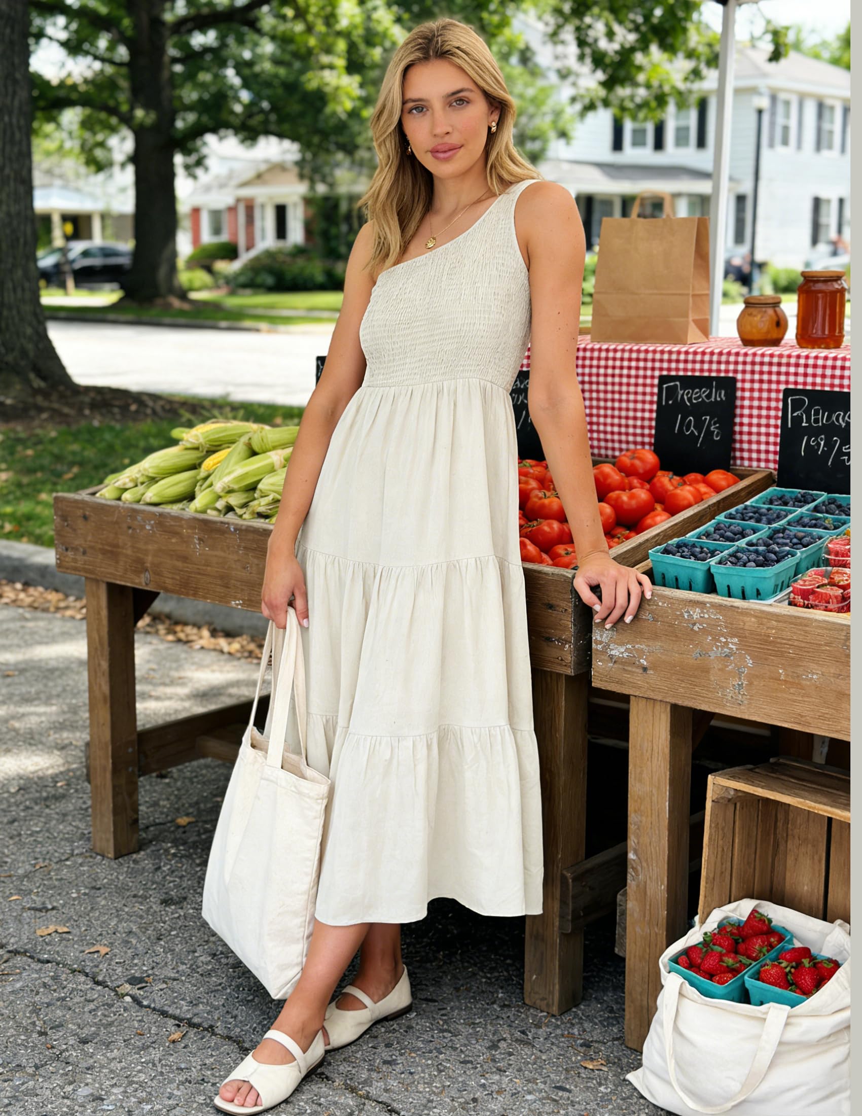 ZESICA, Abito Longuette Lungo da Donna, Stile Bohémien, Estivo, con Stampa Floreale, Monospalla Senza Maniche, con Smock, Volant e Balze