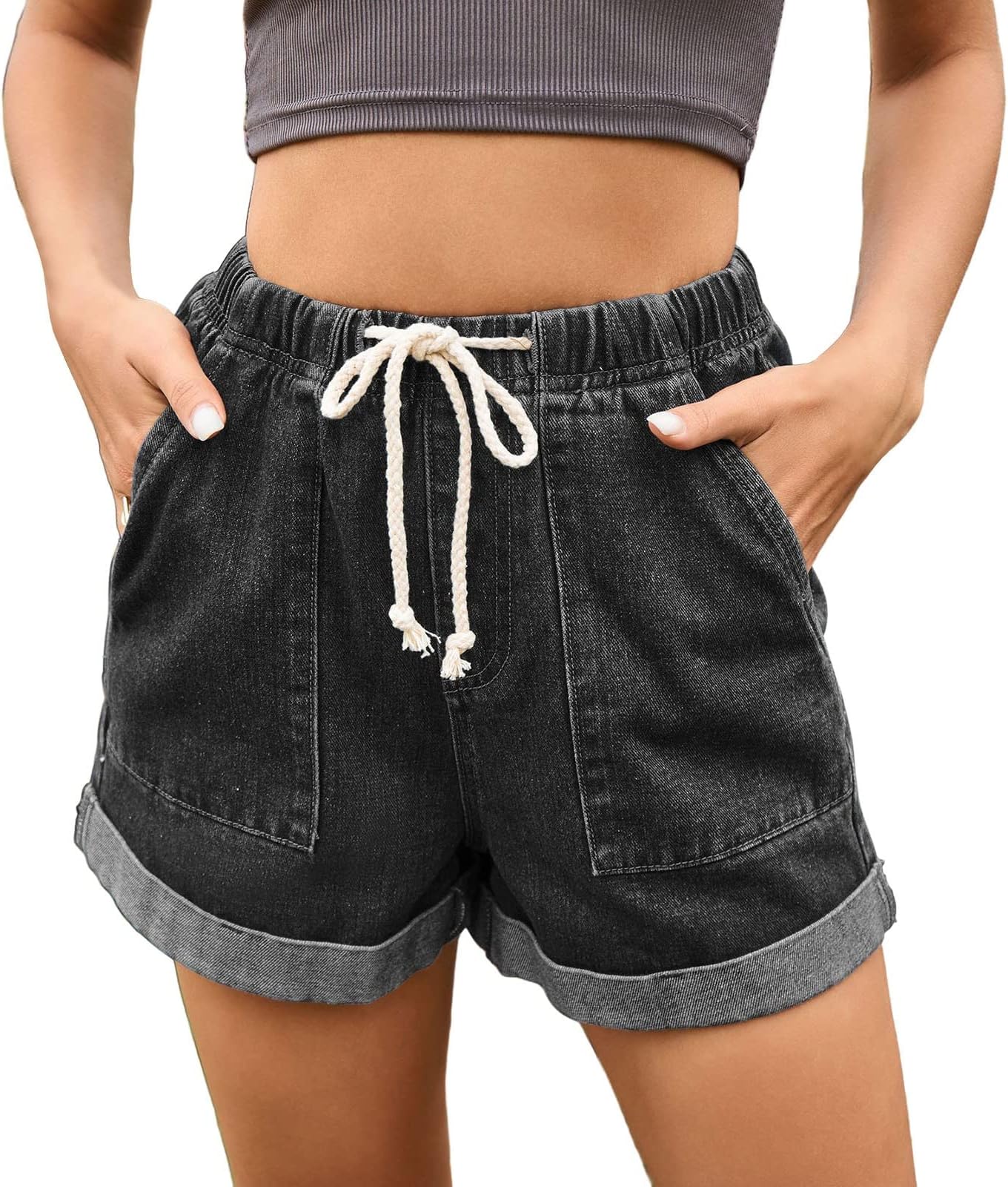 Womens Jean Shorts Pull On Comfy Casual Rolled-Up Paper Bag Denim Shorts Drawstring Elasticated Waist Cotton Washed Denim Jean Shorts Summer Beach Hot Pants with Pockets