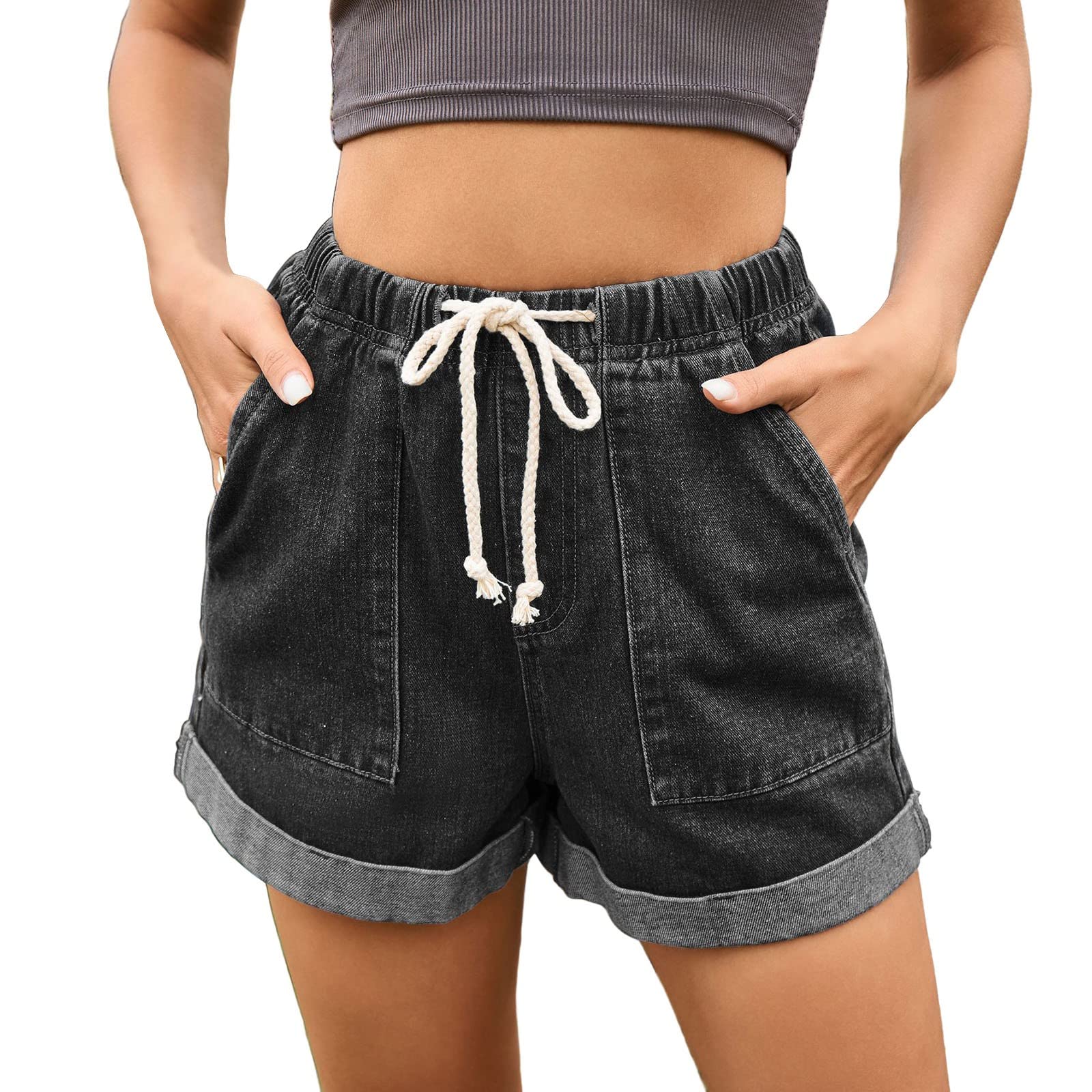 Womens Jean Shorts Pull On Comfy Casual Rolled-Up Paper Bag Denim Shorts Drawstring Elasticated Waist Cotton Washed Denim Jean Shorts Summer Beach Hot Pants with Pockets