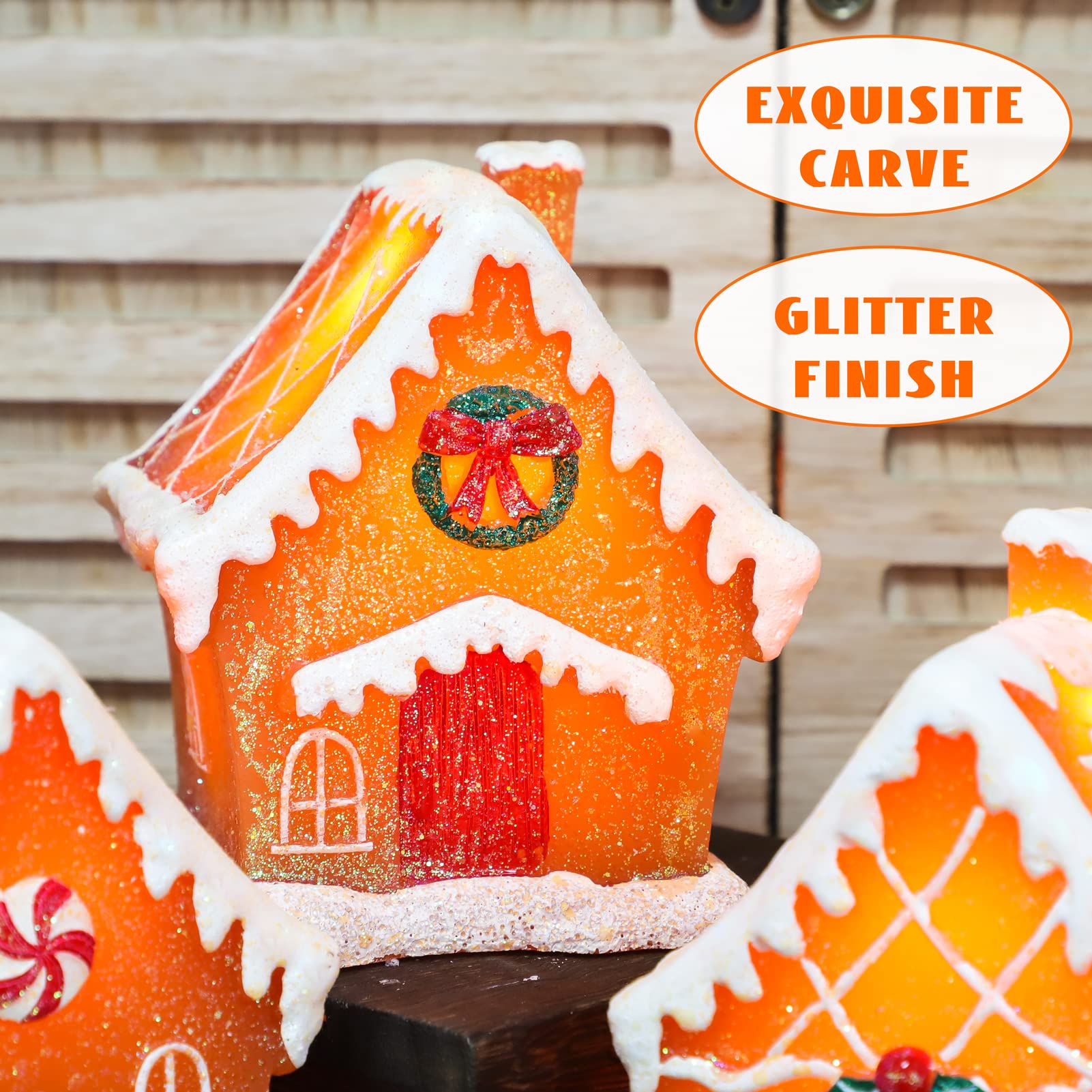 FLAVCHARM Christmas LED Flameless Candles, Gingerbread Christmas House Novelty LED Flickering Candles Battery Operated with Remote Control, Candles for Christmas and Home Decoration