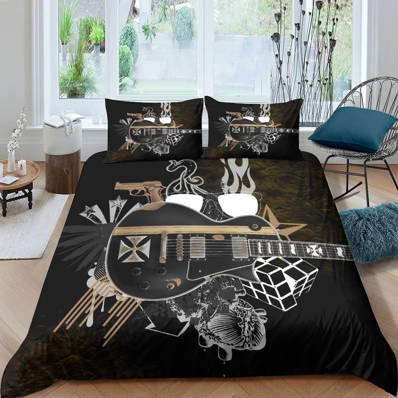 Ctjqhvkz Style-10 3D Printed Electric Guitar Fitted Sheet Microfiber Black Rock Art Bed Cover For Bedroom Dorm Mattress Protection Single（135X200cm）