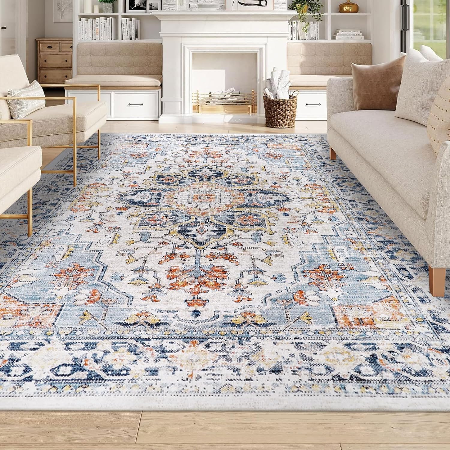 Homcomodar Vintage Teppiche Wohnzimmer Großer Teppich Waschbar Boho Teppiche Weiche Kurzflor Teppich Schlafzimmer für Esszimmer Küche