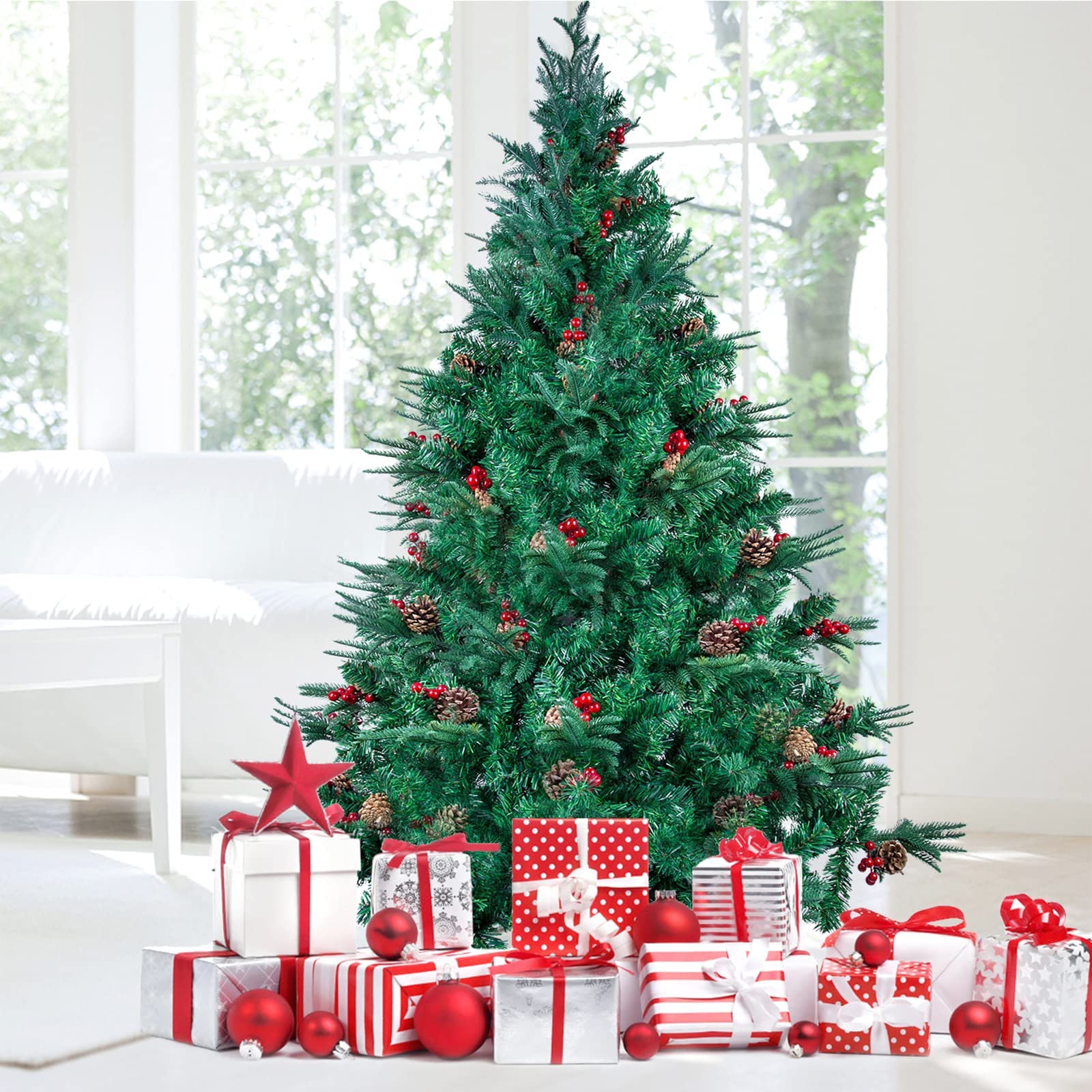 himaly Sapin de Noël Artificiel Pin avec 362 Tronc Vert en Matière PVC, 88 Tronc Vert en Matière PE, 150cm, 39 Pommes de Pin et 39 Fruits Rouges, Décoration de Maison Hôtel Boutique
